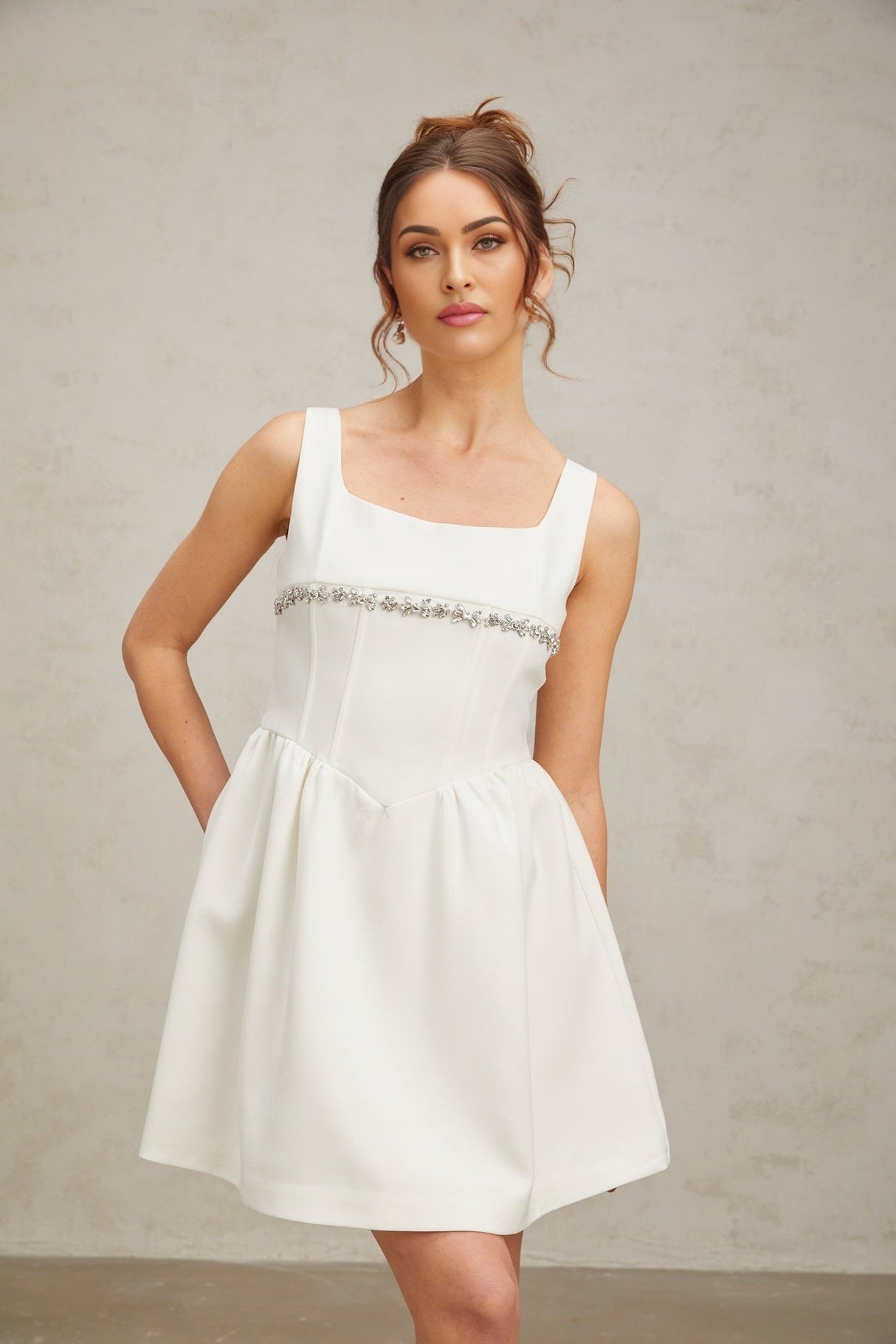 Tiziana Mini Dress White Crystal Flare & Shine