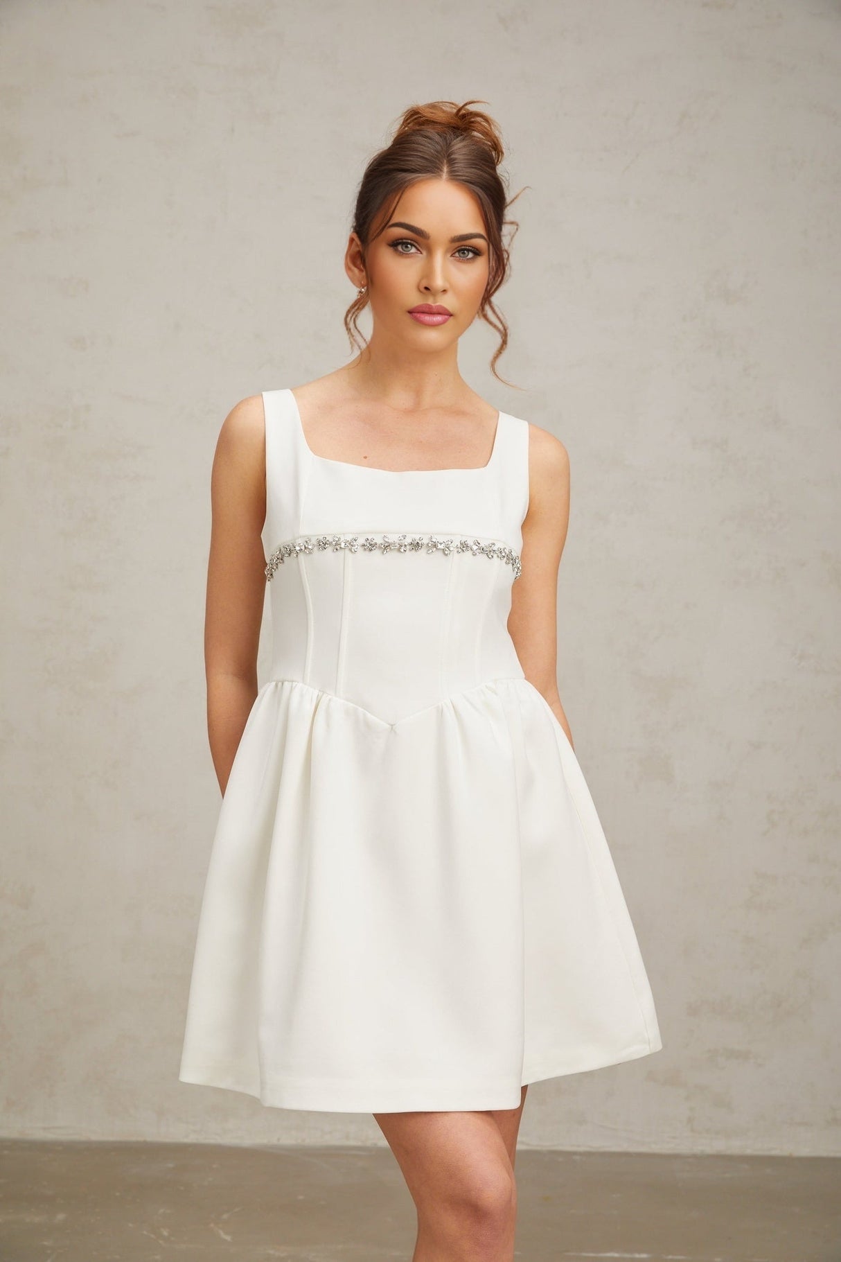 Tiziana Mini Dress White Crystal Flare & Shine