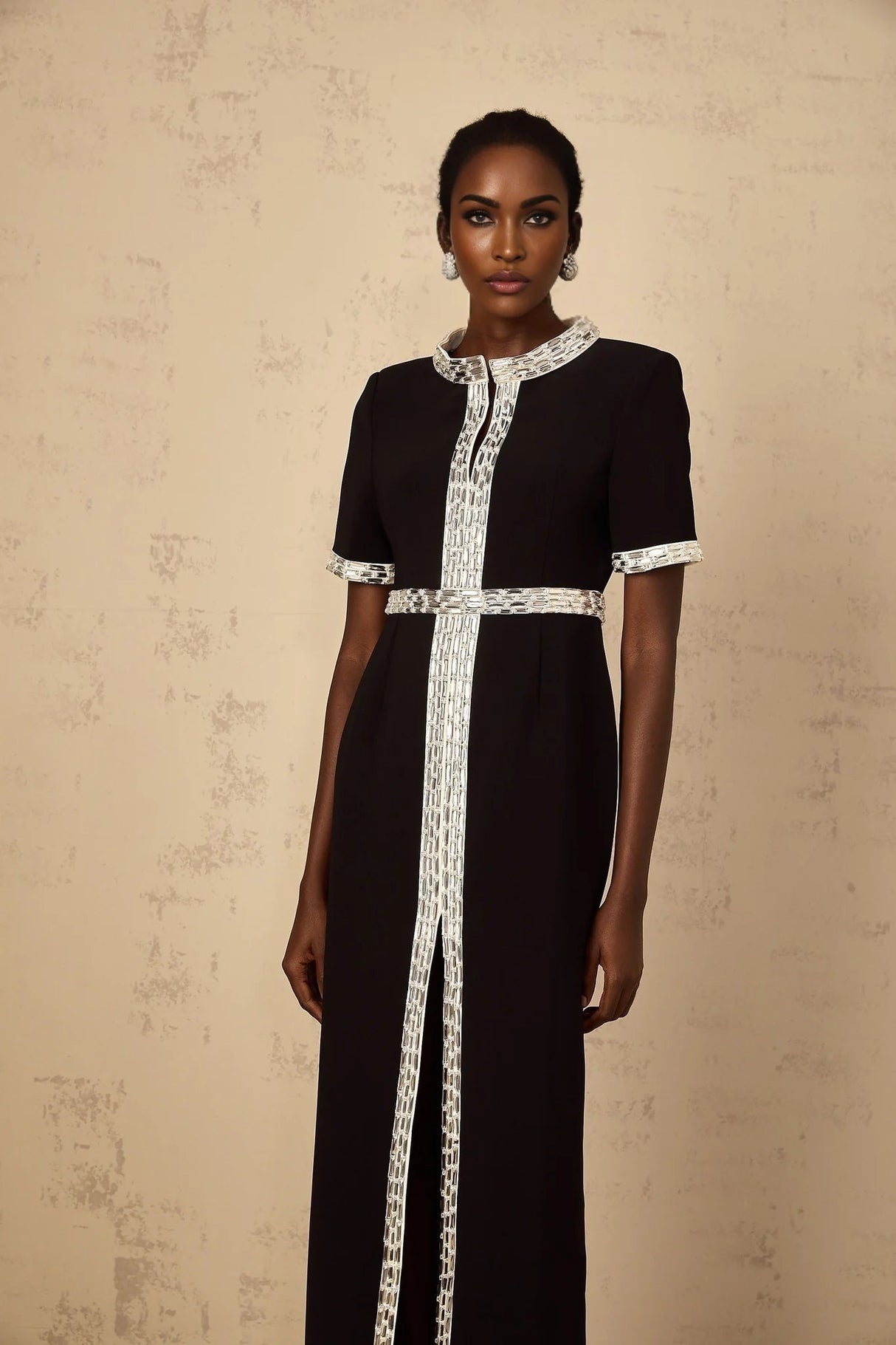 Tonia Maxi Dress Black Crystal Embellished Front Slit