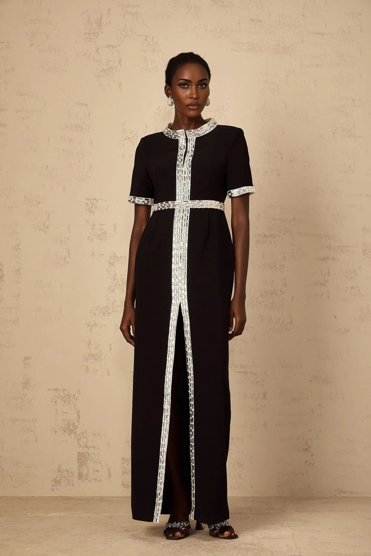 Tonia Maxi Dress Black Crystal Embellished Front Slit