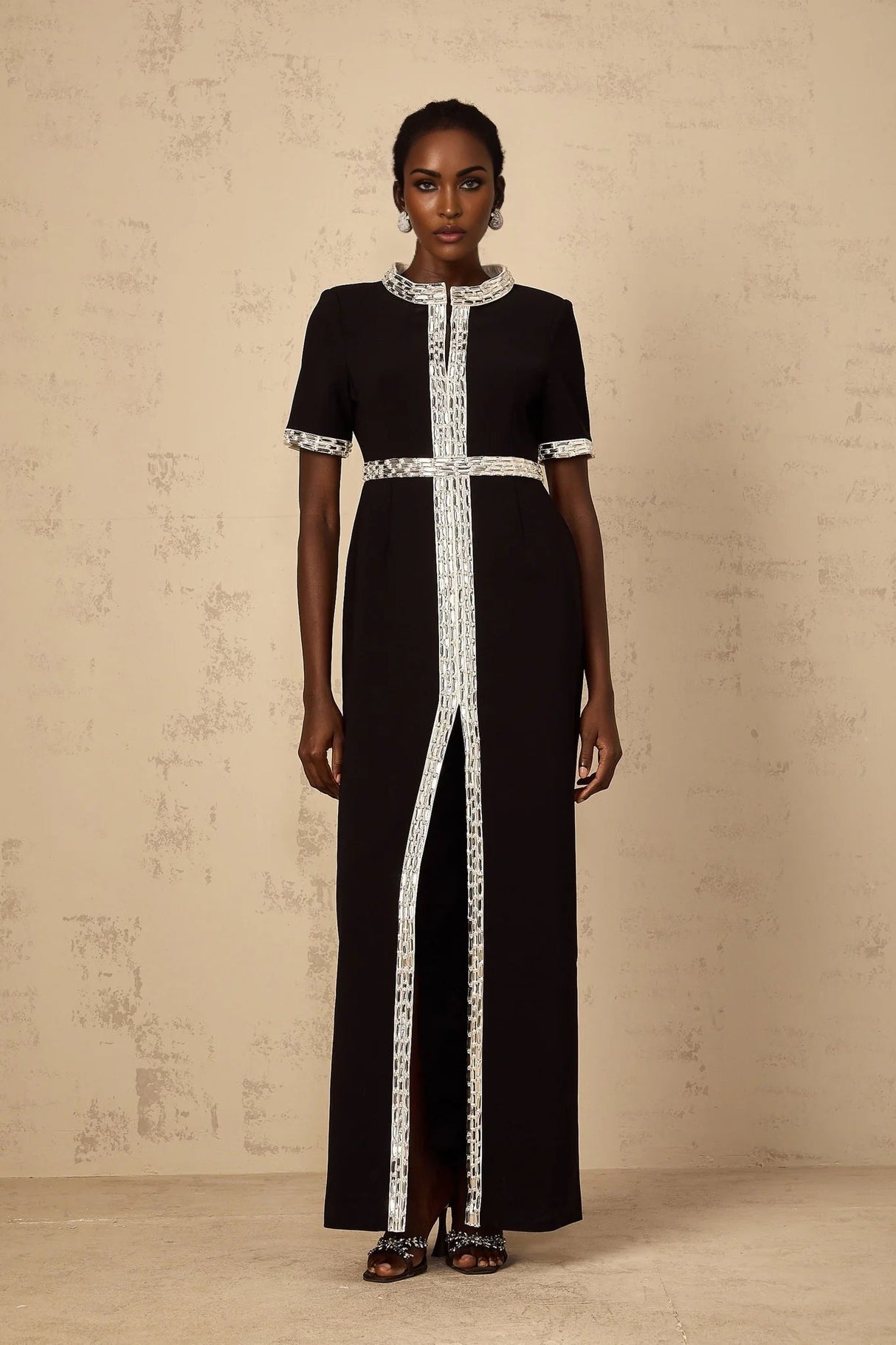 Tonia Maxi Dress Black Crystal Embellished Front Slit