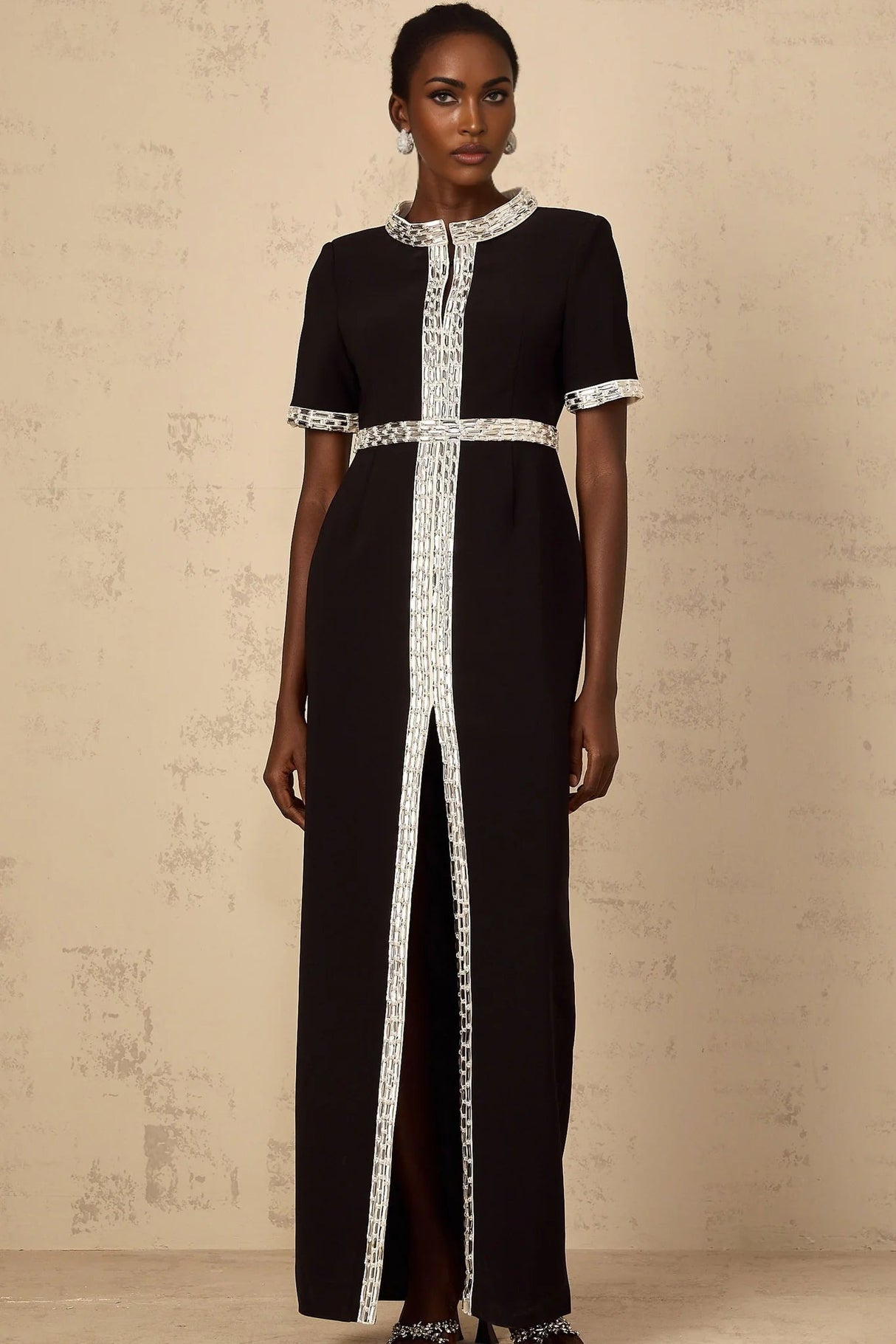 Tonia Maxi Dress Black Crystal Embellished Front Slit