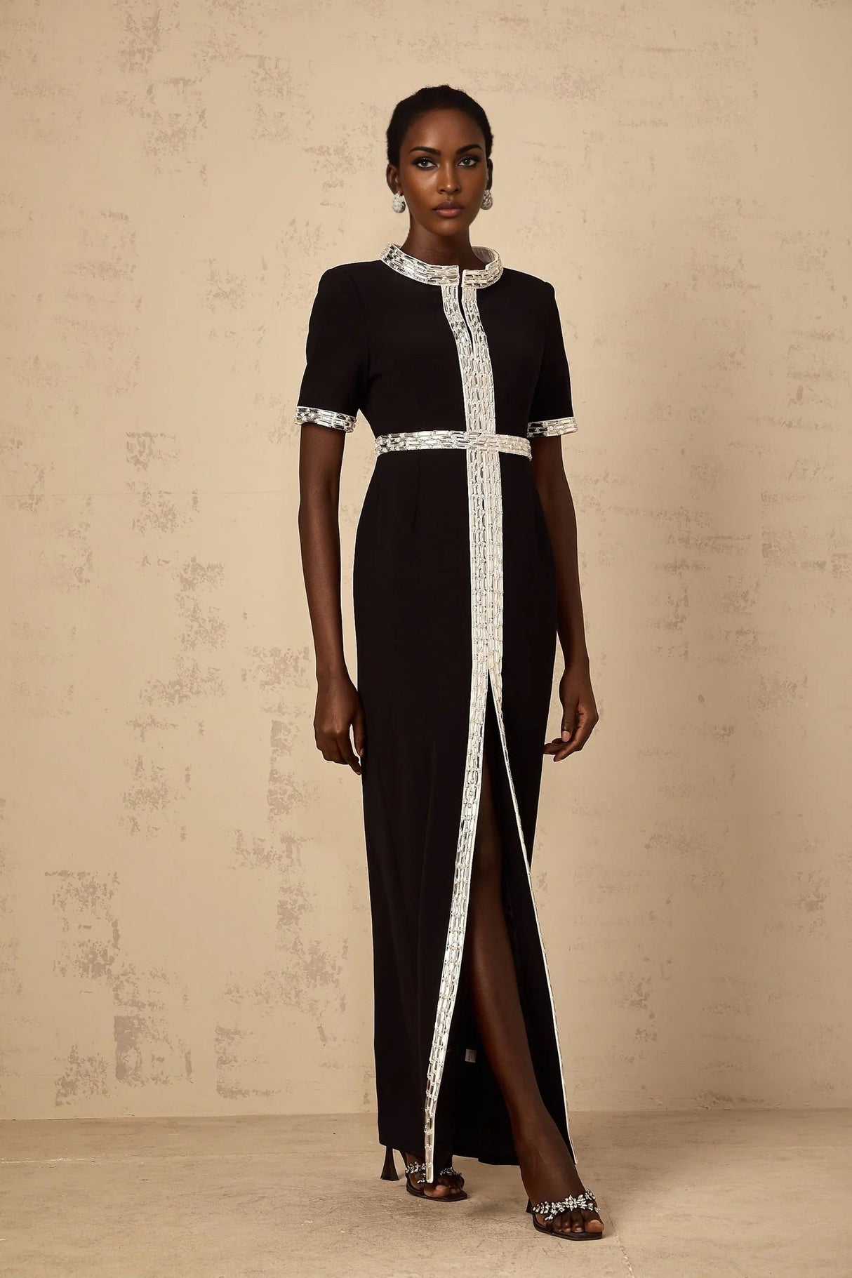 Tonia Maxi Dress Black Crystal Embellished Front Slit