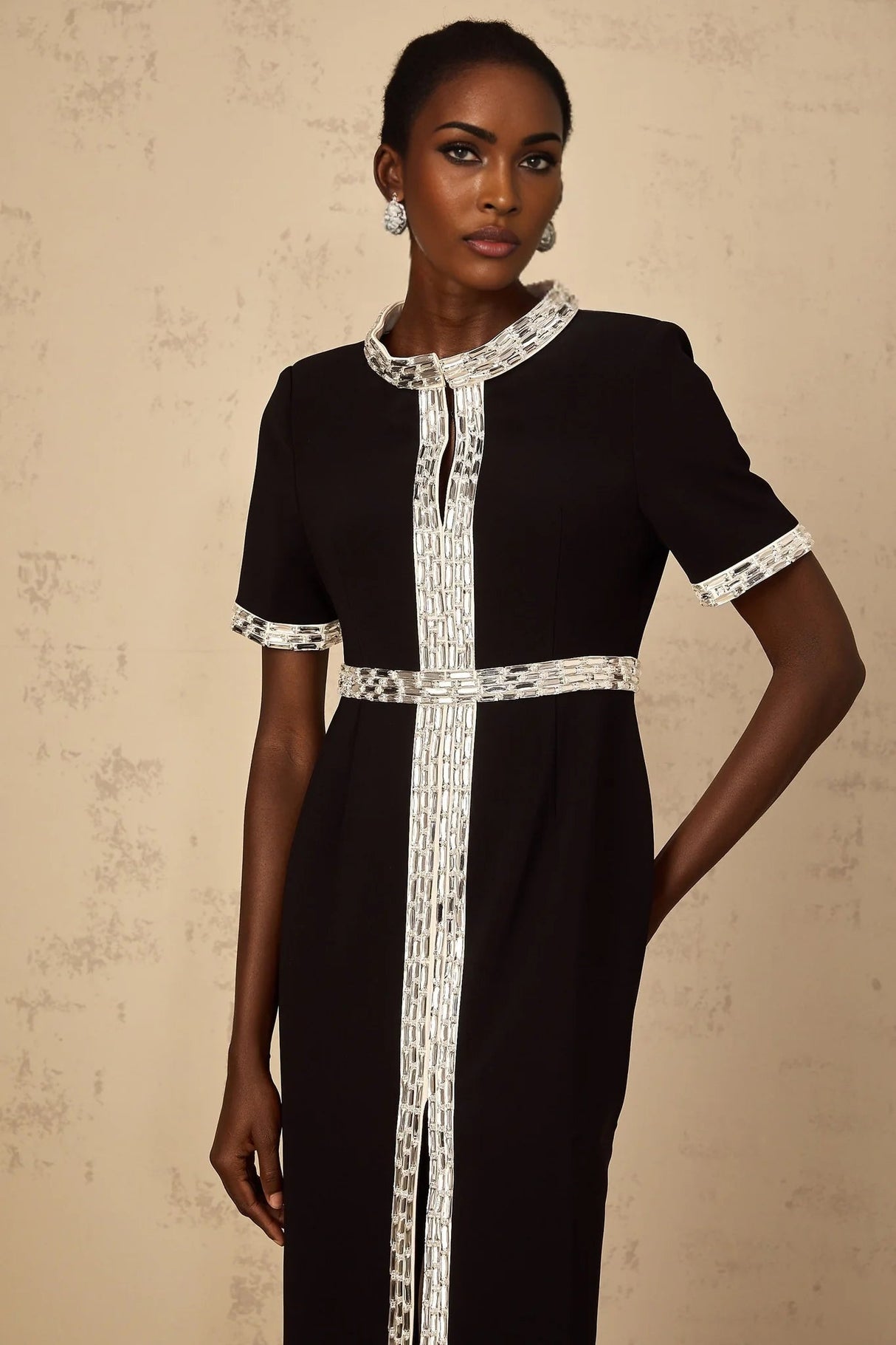 Tonia Maxi Dress Black Crystal Embellished Front Slit