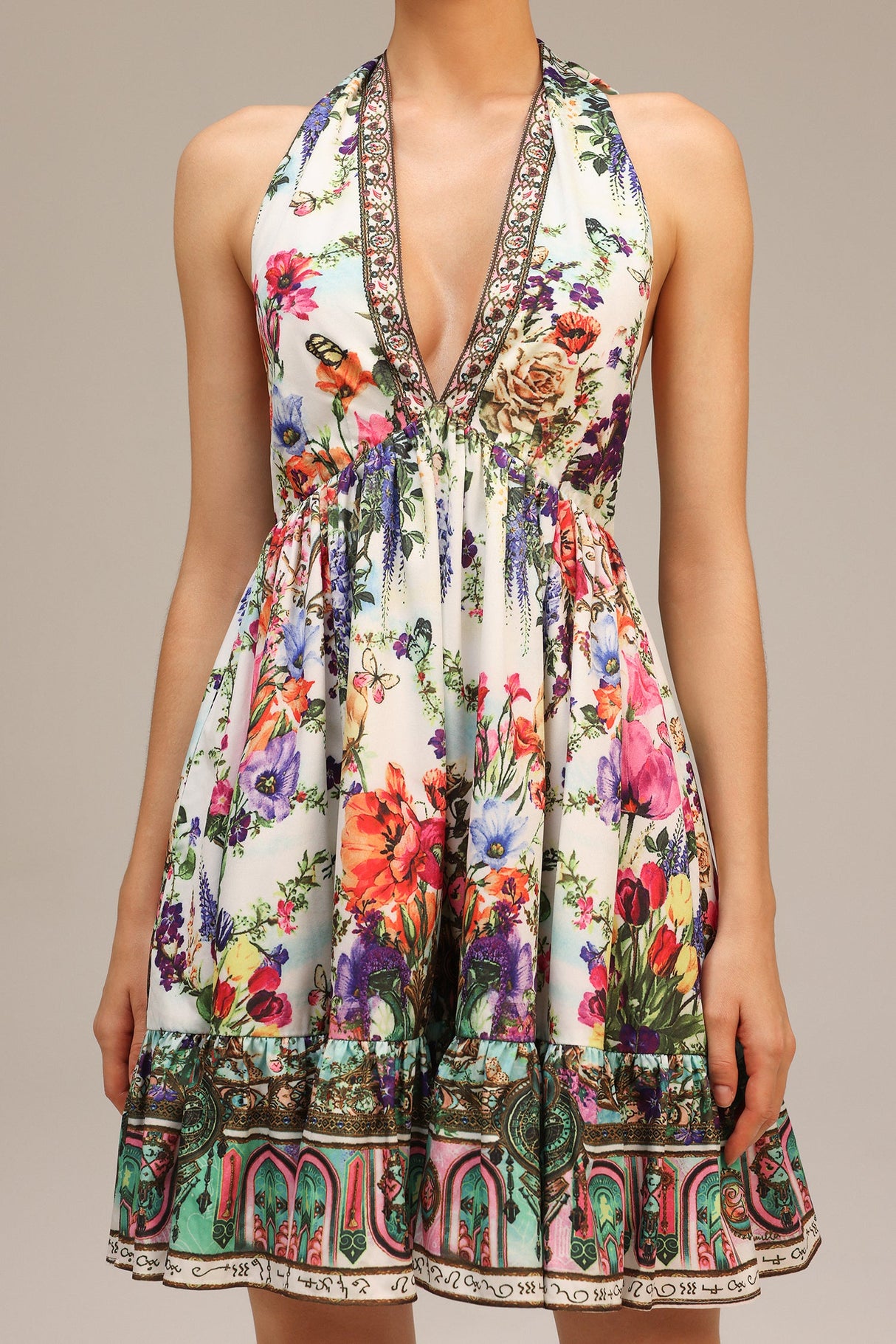 Tonia White Floral Print V-Neckline Mini Dress