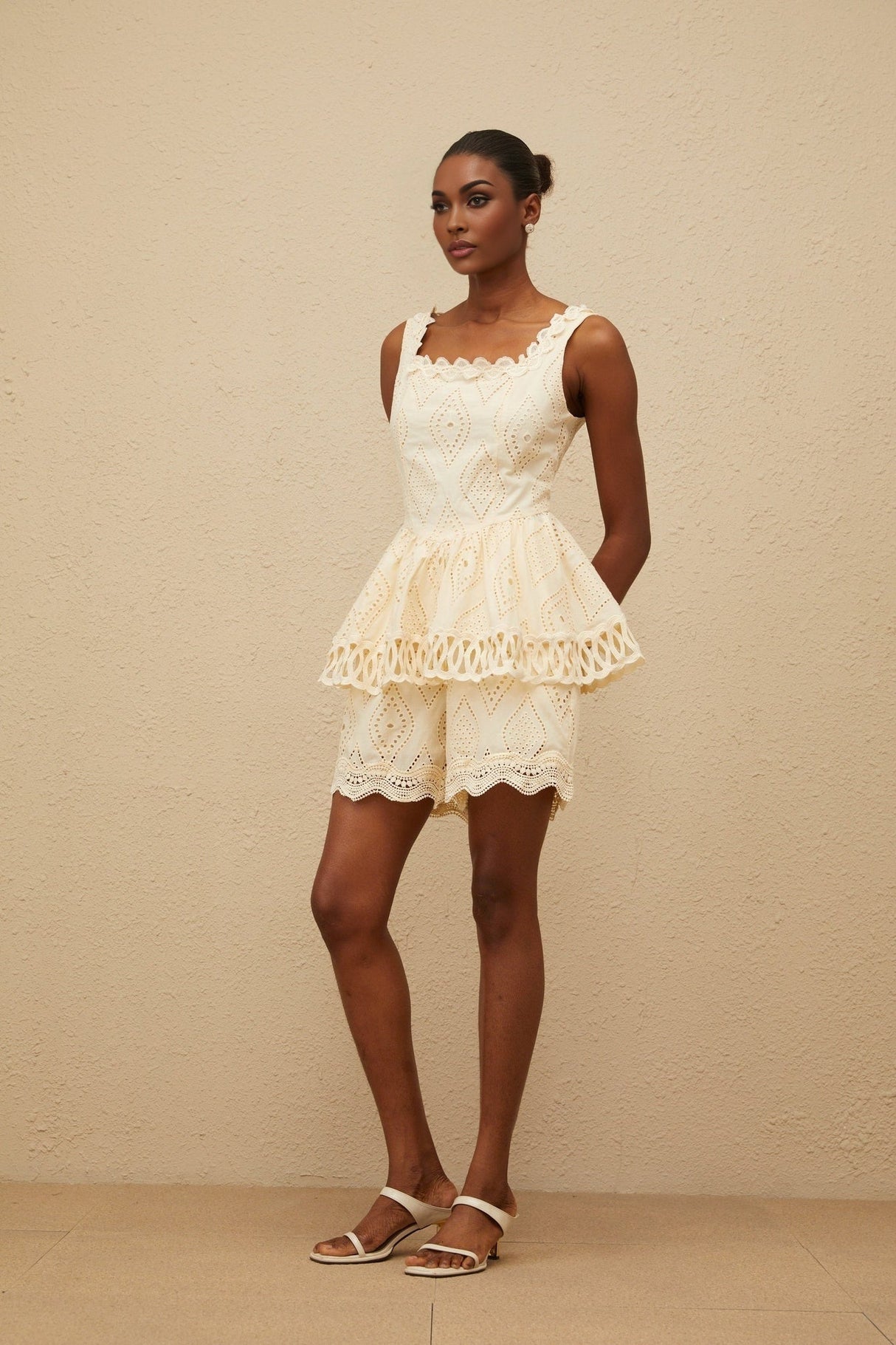 Top & Shorts Set - Square Neck - Embroidered Detailing - Cut - Out Design - Peplum Waist - High Rise