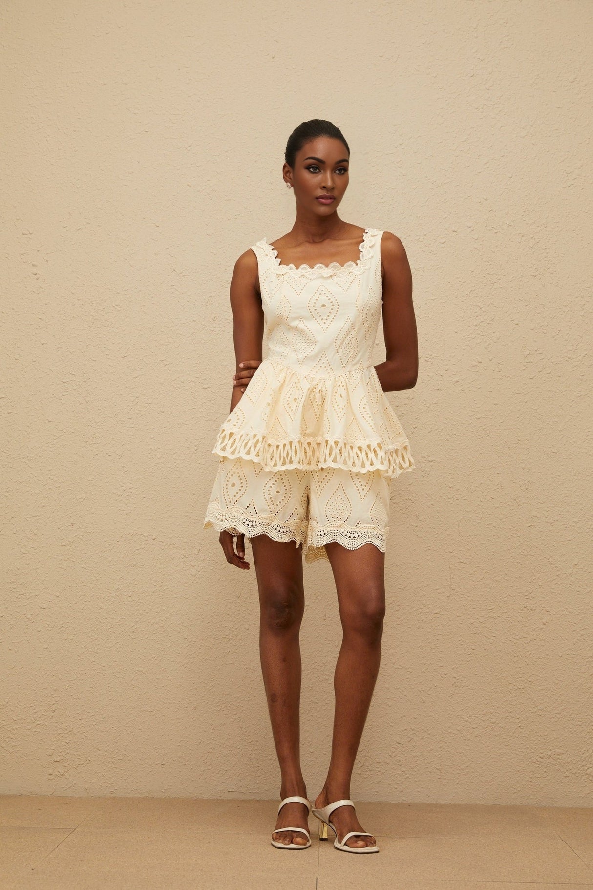 Top & Shorts Set - Square Neck - Embroidered Detailing - Cut - Out Design - Peplum Waist - High Rise
