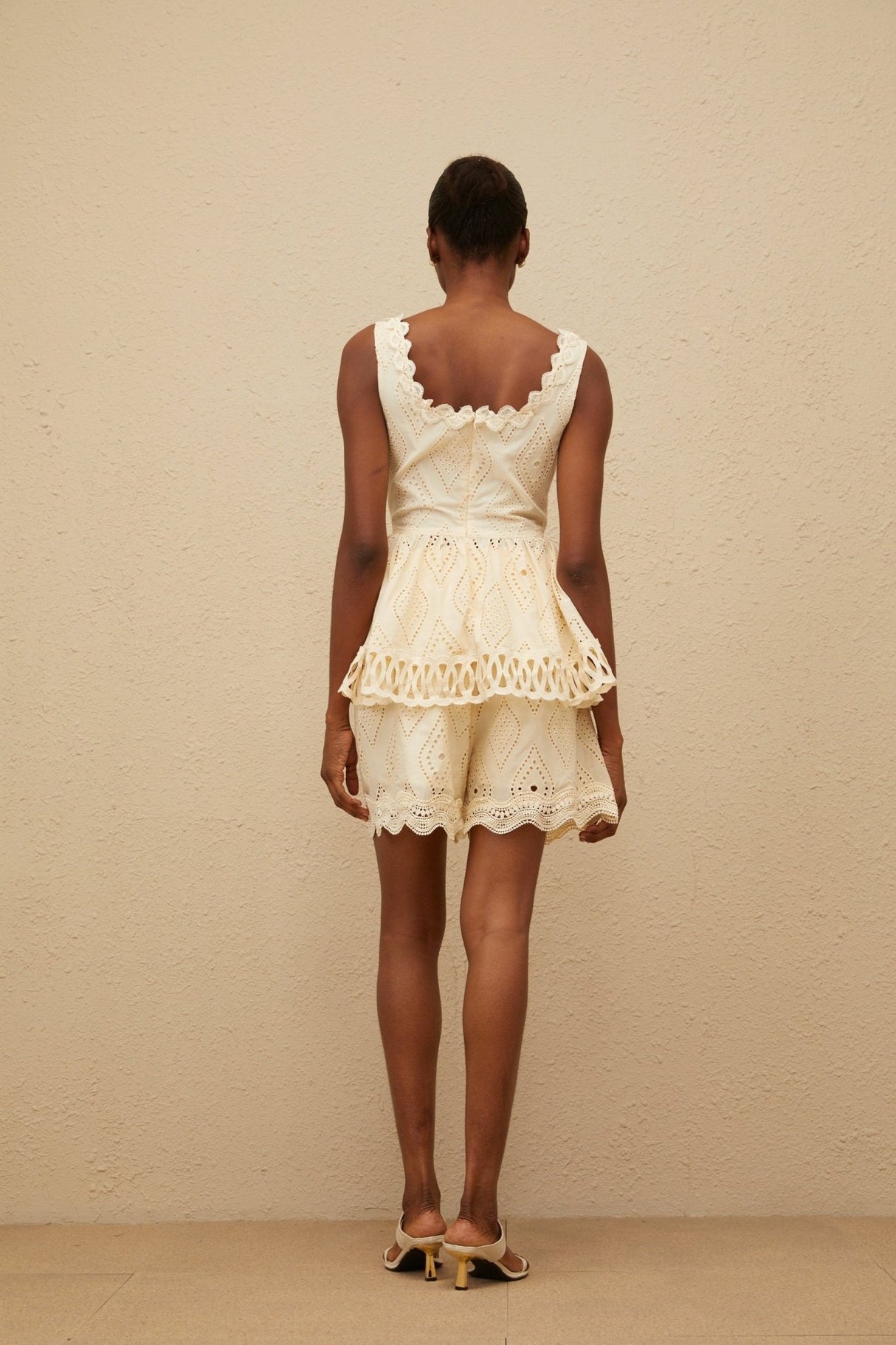 Top & Shorts Set - Square Neck - Embroidered Detailing - Cut - Out Design - Peplum Waist - High Rise