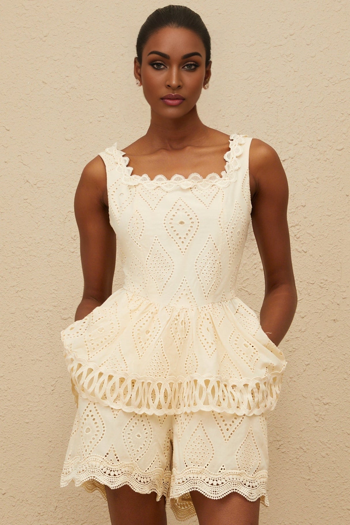 Top & Shorts Set - Square Neck - Embroidered Detailing - Cut - Out Design - Peplum Waist - High Rise