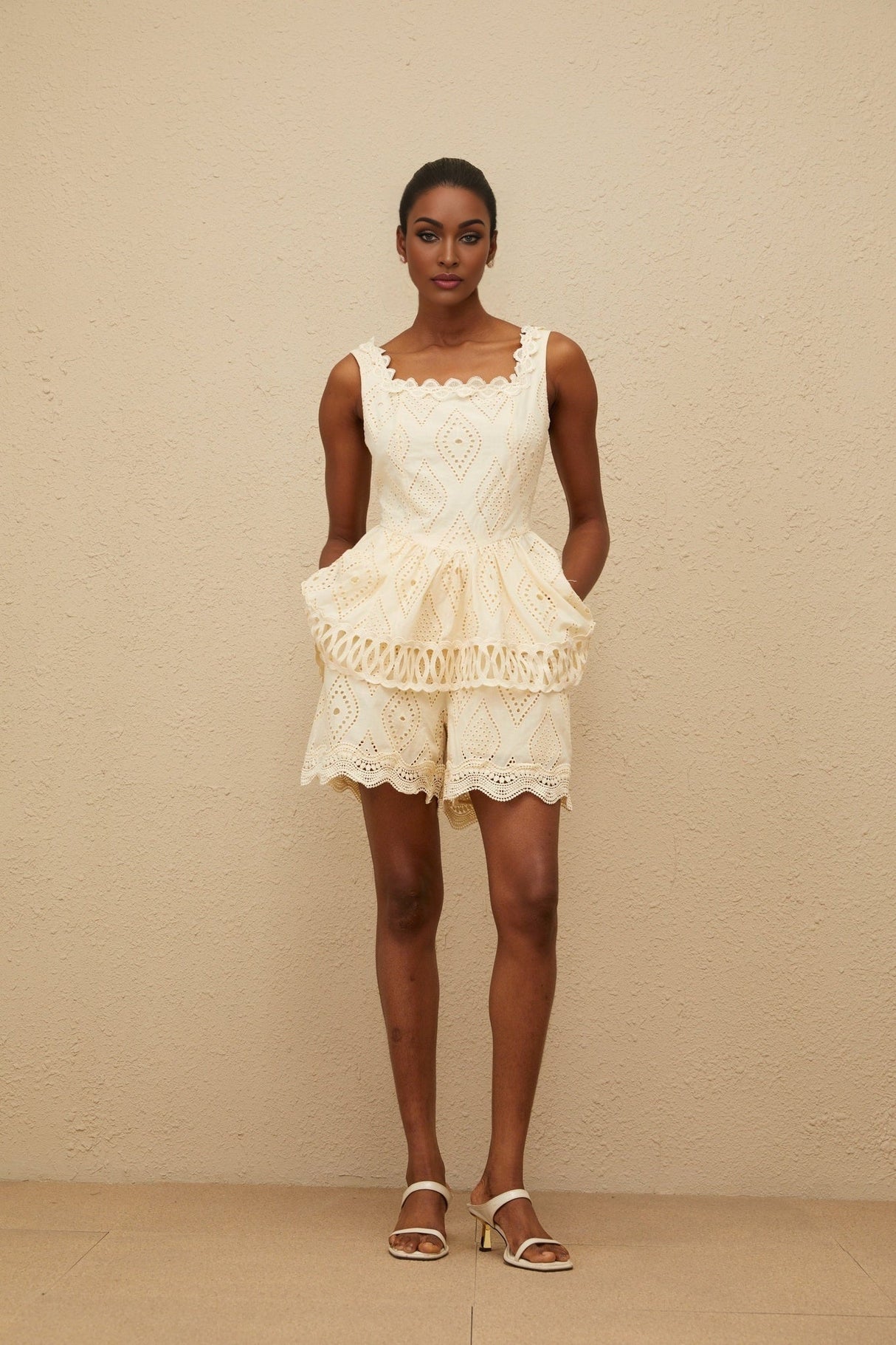 Top & Shorts Set - Square Neck - Embroidered Detailing - Cut - Out Design - Peplum Waist - High Rise