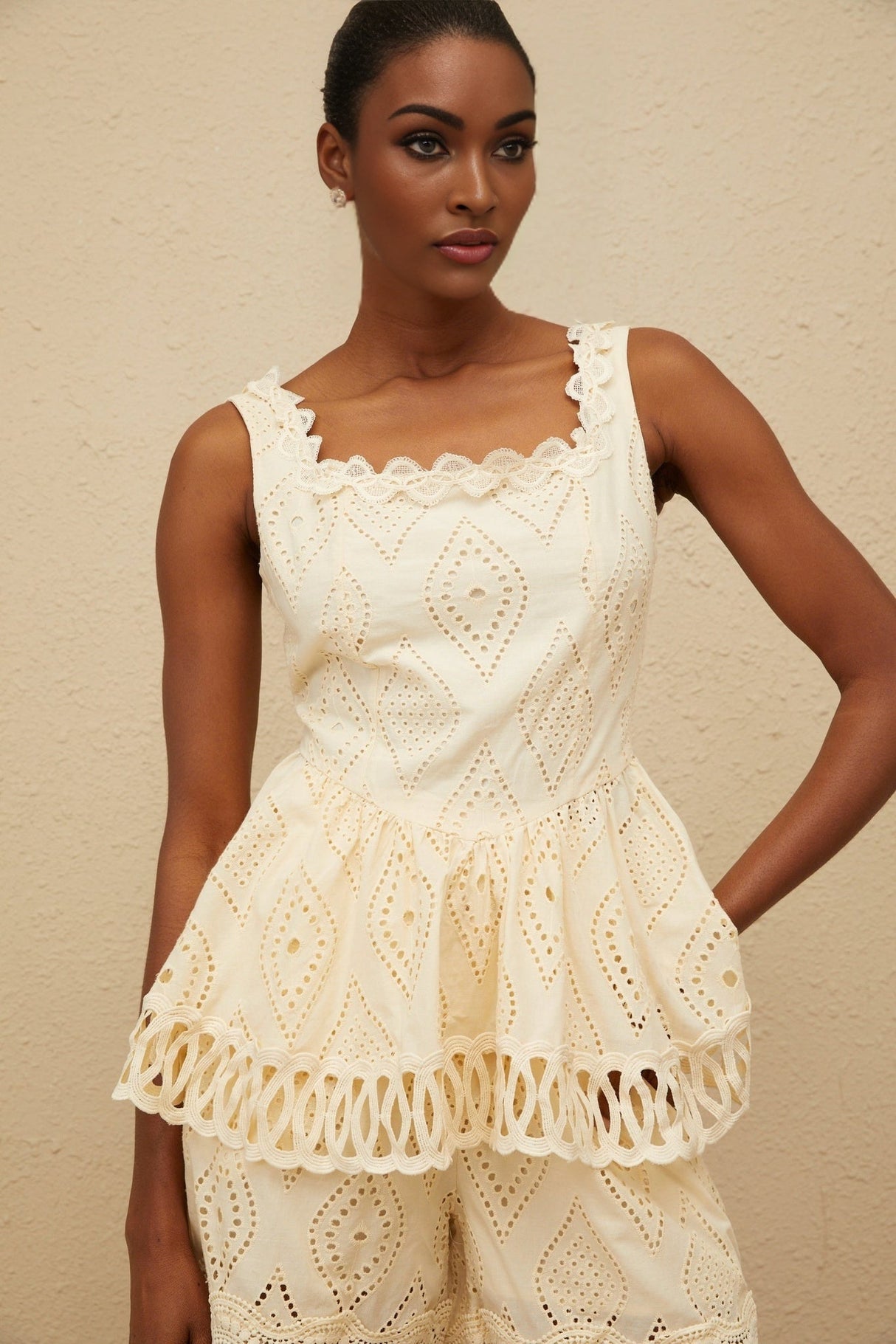 Top & Shorts Set - Square Neck - Embroidered Detailing - Cut - Out Design - Peplum Waist - High Rise