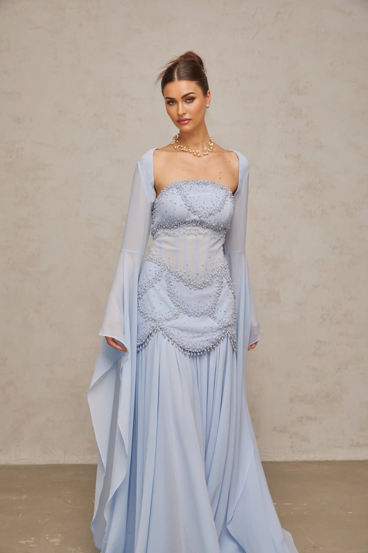 Trinity Maxi Dress Faux - Pearl Embellished Light - Blue