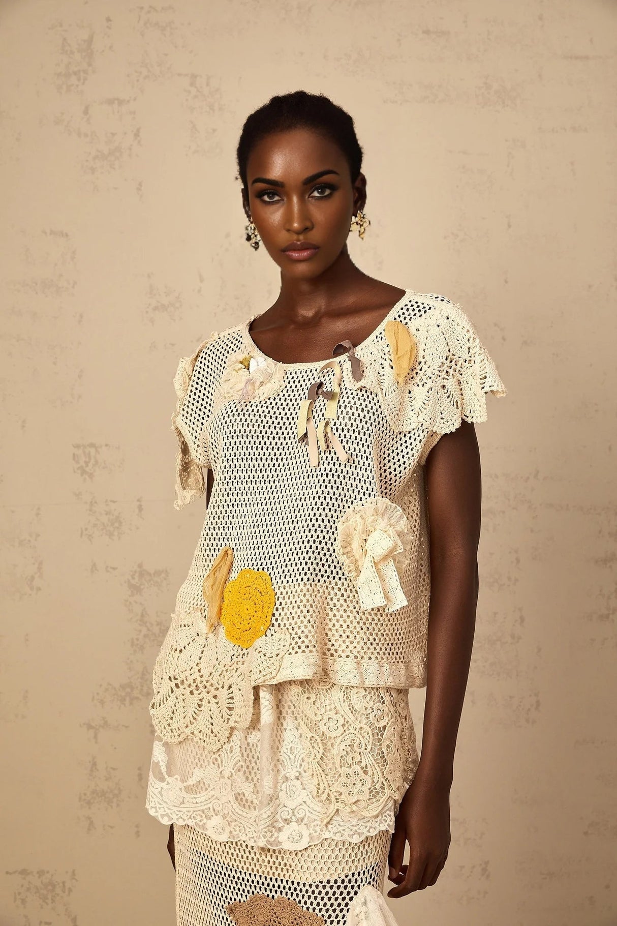 Trinity Top Floral - Lace Cut - Out Bow Detailing Yellow & Neutrals