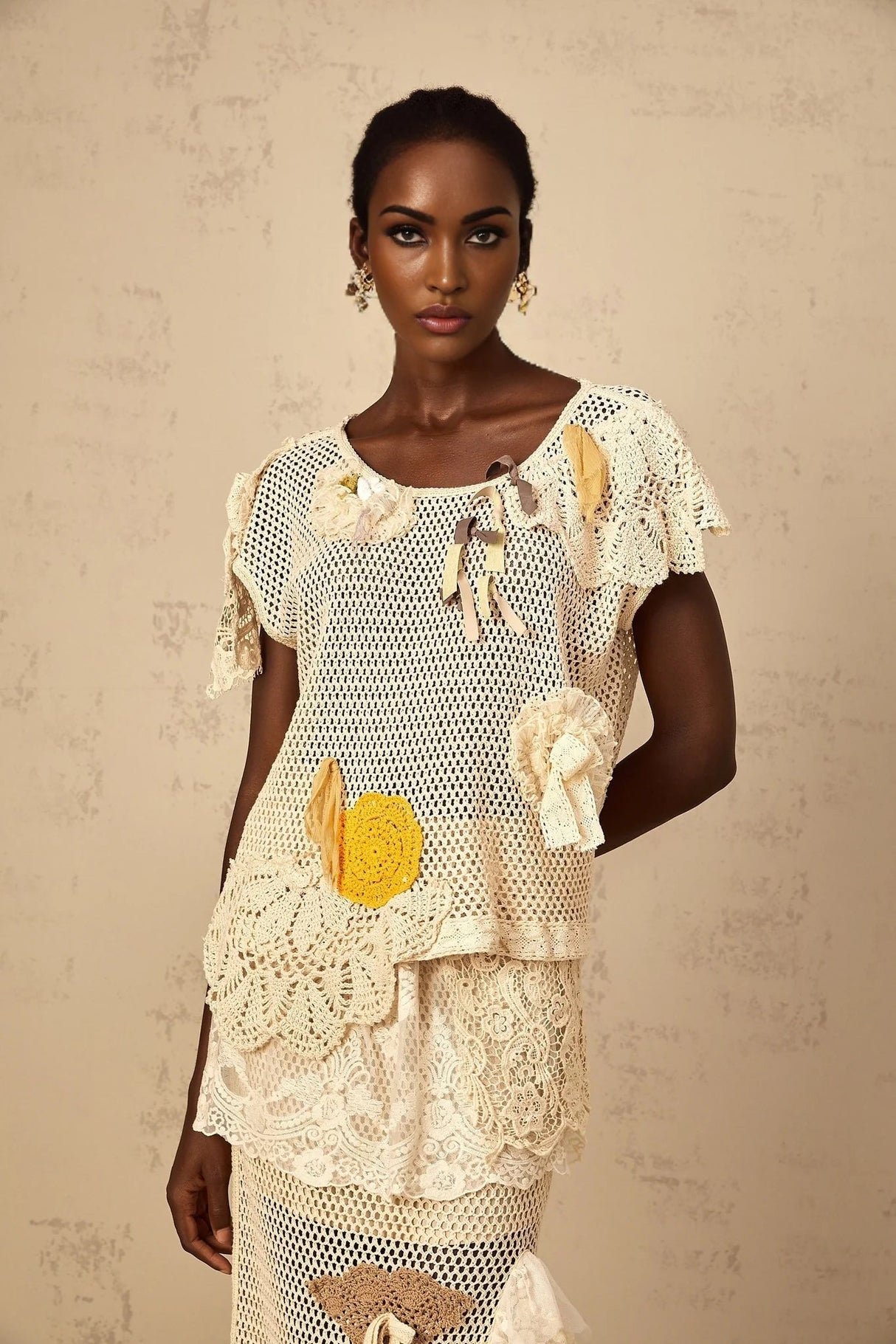 Trinity Top Floral - Lace Cut - Out Bow Detailing Yellow & Neutrals