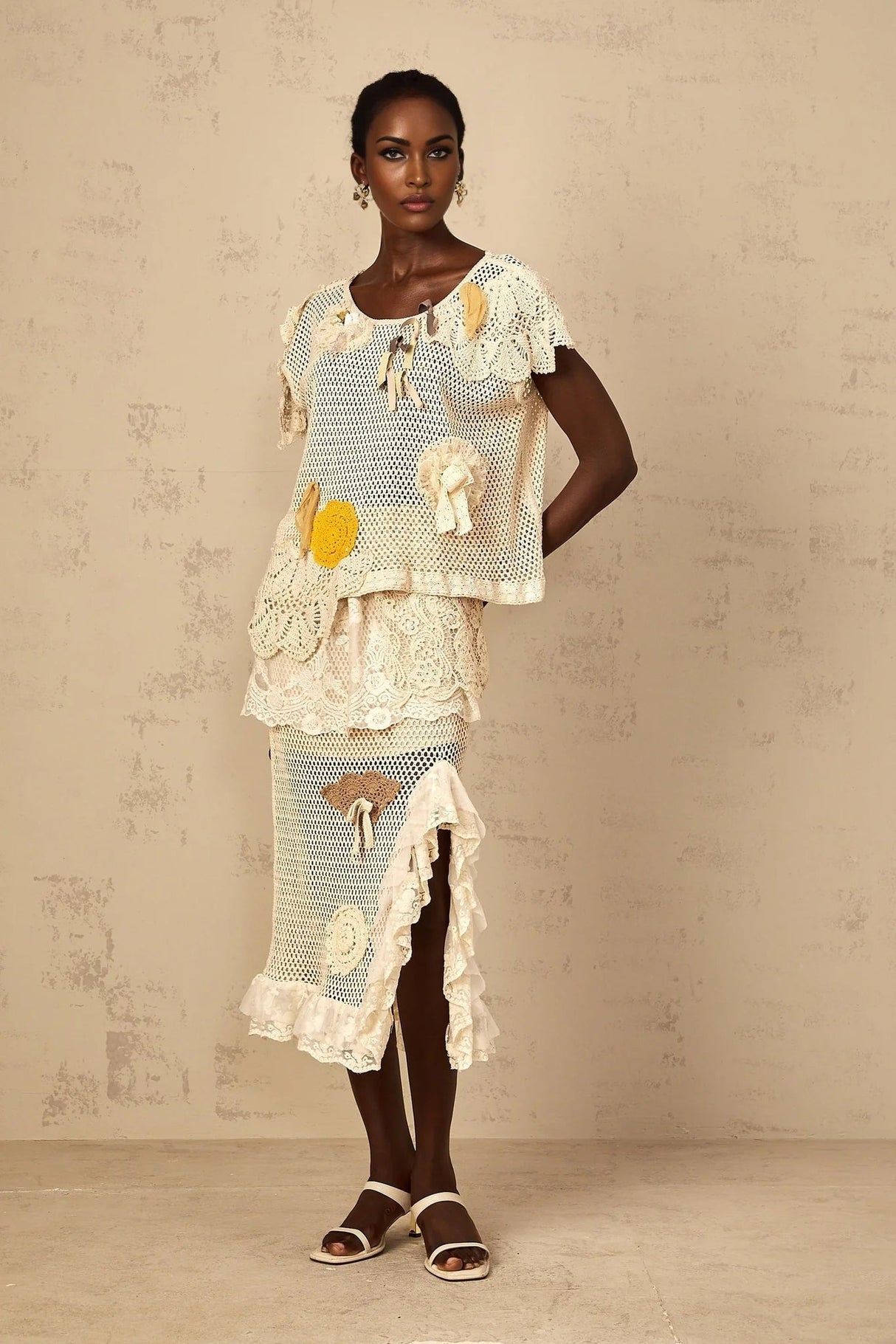 Trinity Top Floral - Lace Cut - Out Bow Detailing Yellow & Neutrals