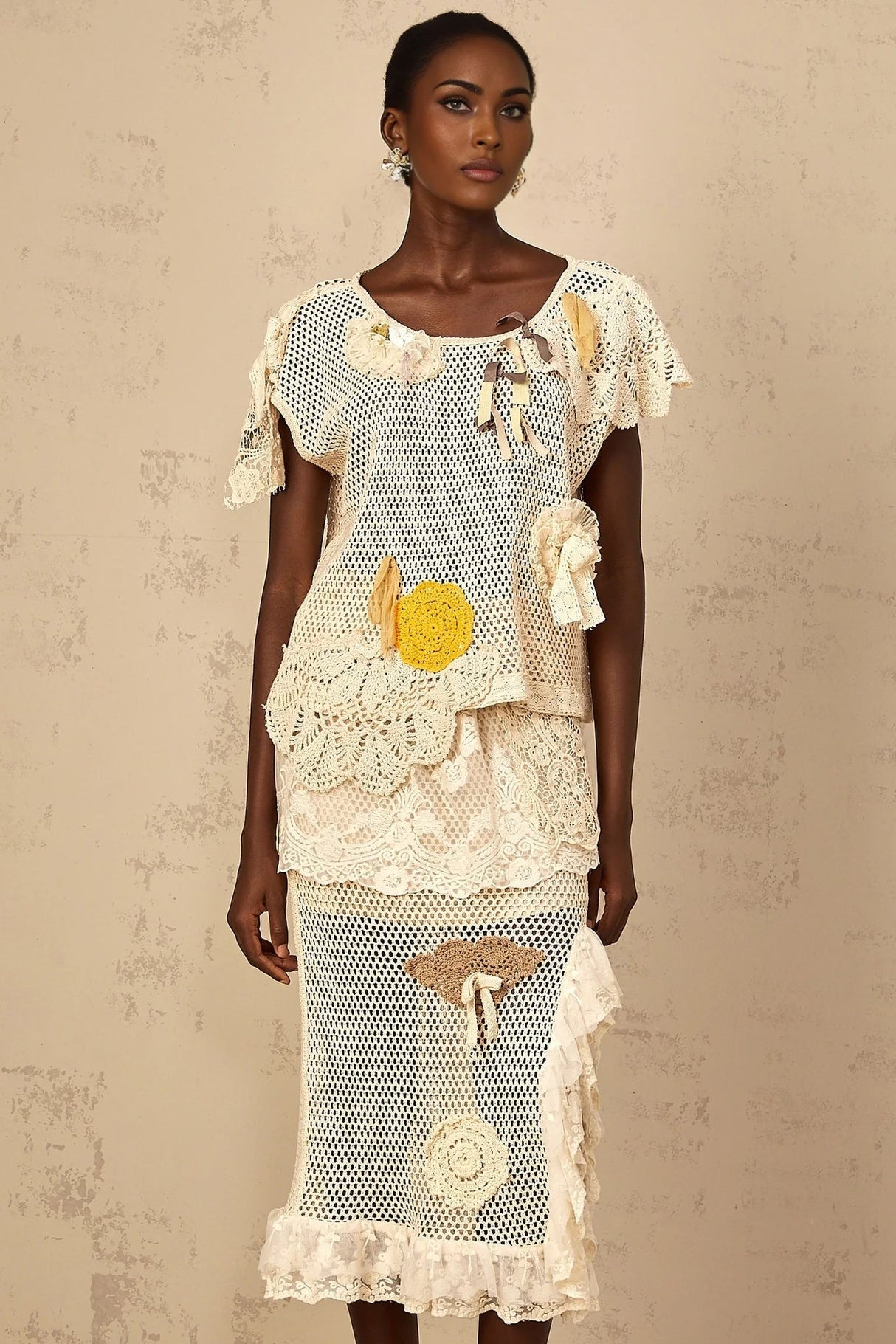 Trinity Top Floral - Lace Cut - Out Bow Detailing Yellow & Neutrals