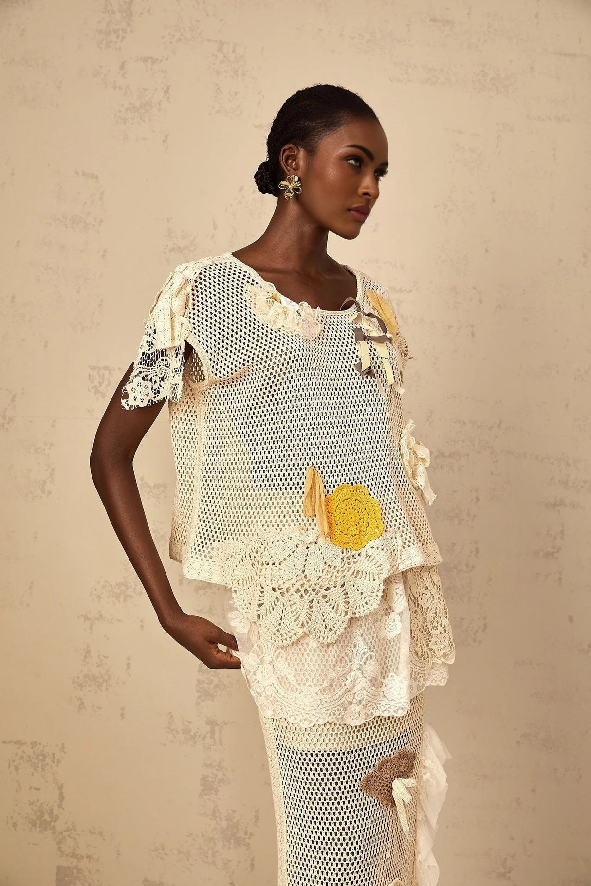 Trinity Top Floral - Lace Cut - Out Bow Detailing Yellow & Neutrals