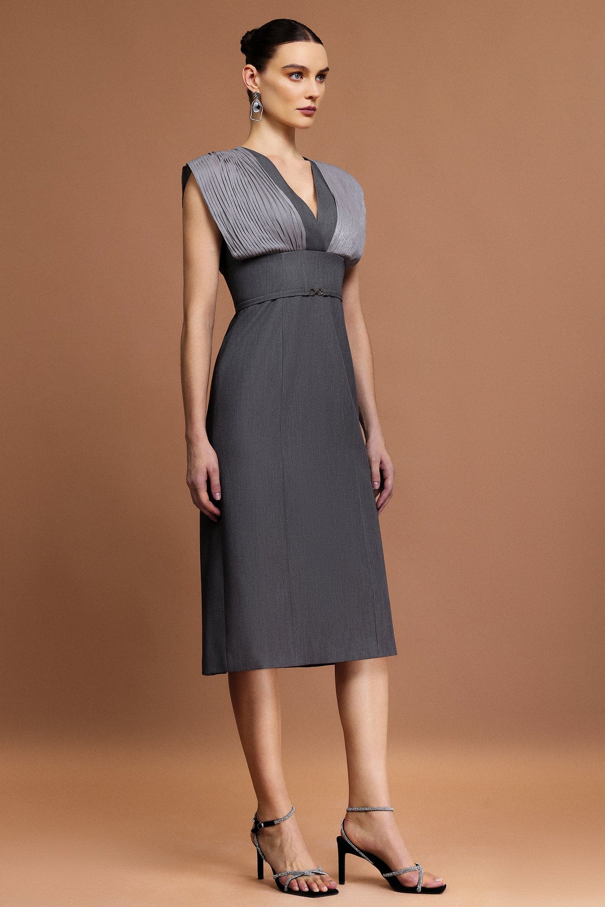 Tullia Gray V-Neckline Draped Midi Dress with Belt