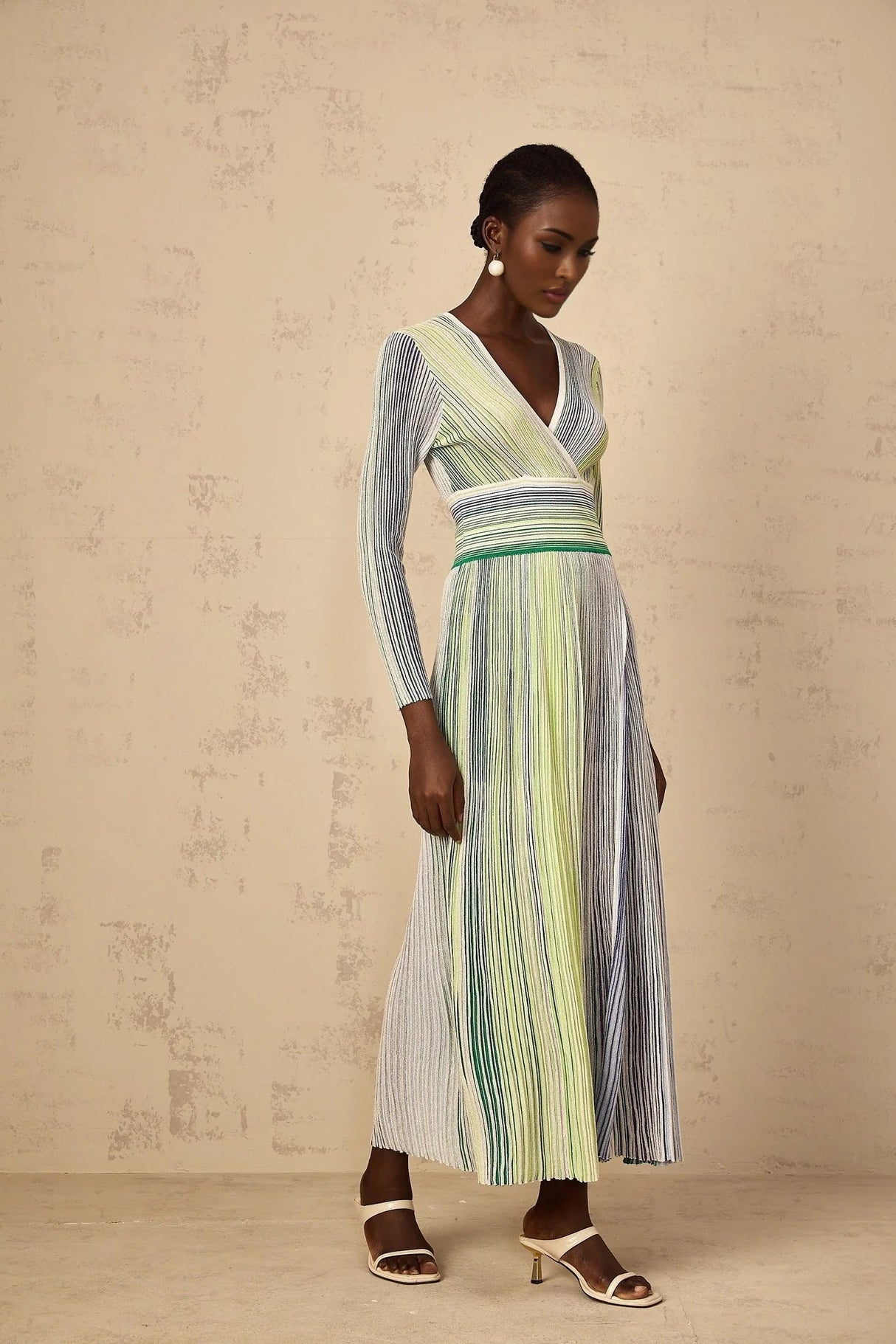 Tullia Maxi Dress Green Sequin Stripe Knit & Pleated