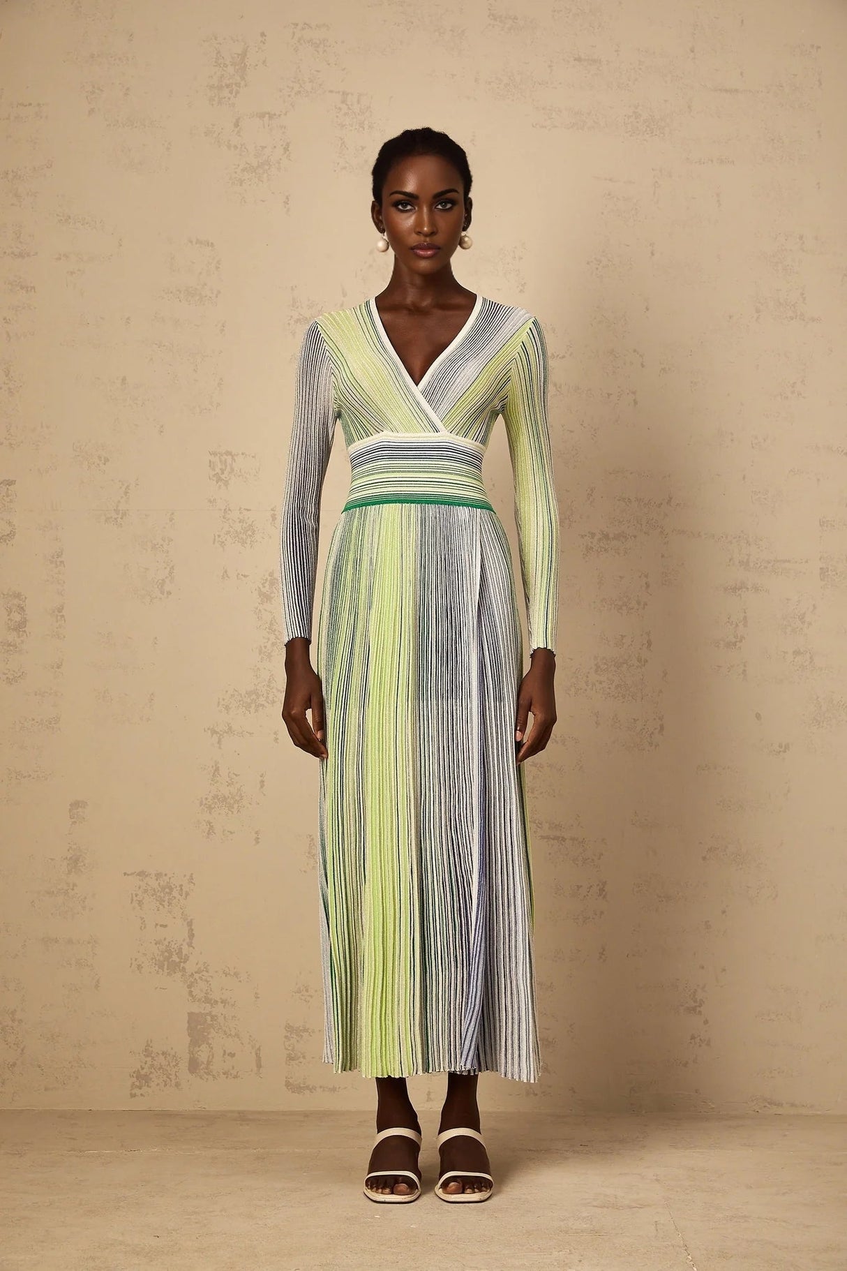 Tullia Maxi Dress Green Sequin Stripe Knit & Pleated