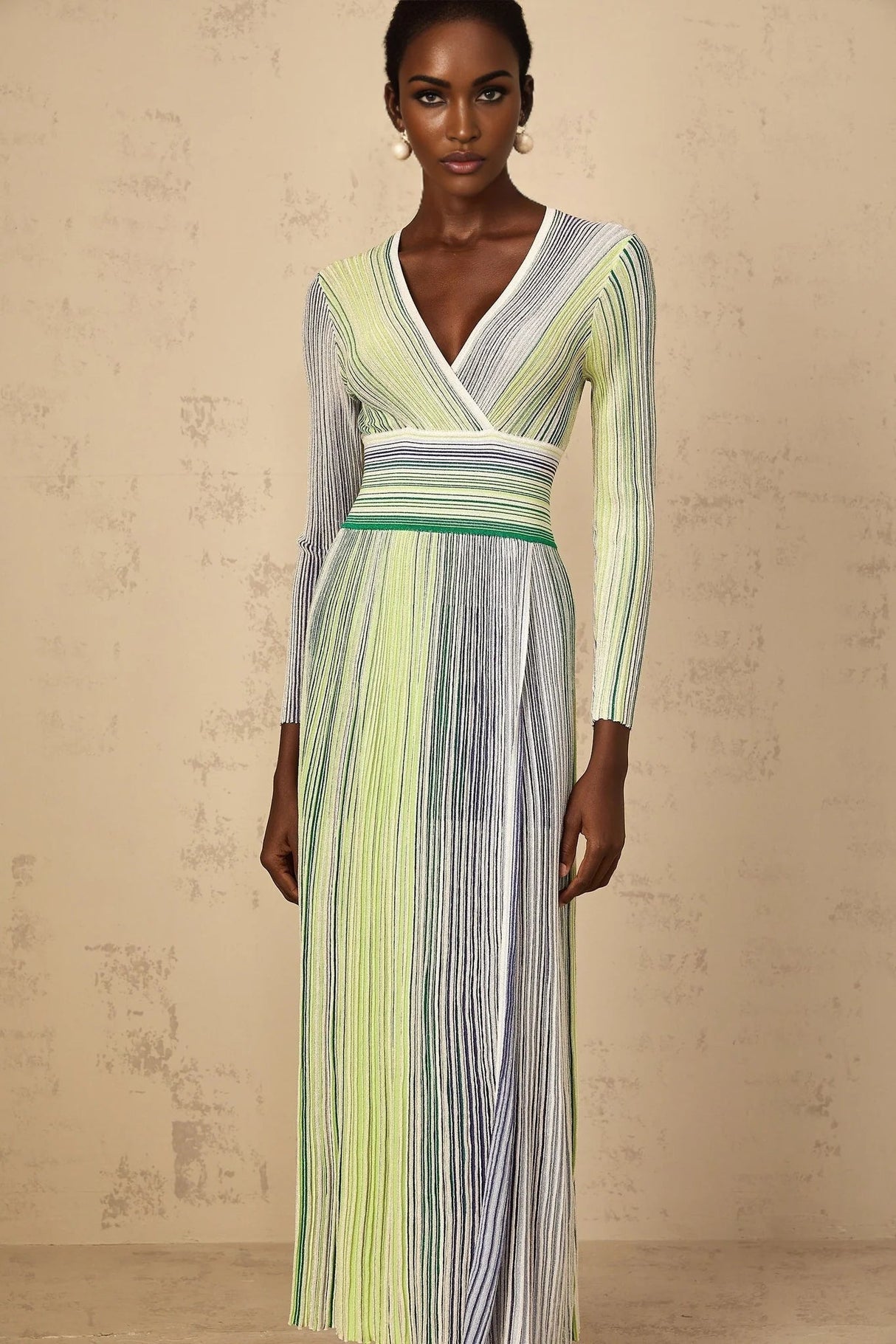 Tullia Maxi Dress Green Sequin Stripe Knit & Pleated