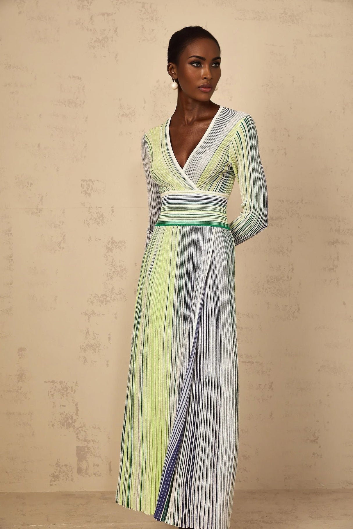 Tullia Maxi Dress Green Sequin Stripe Knit & Pleated
