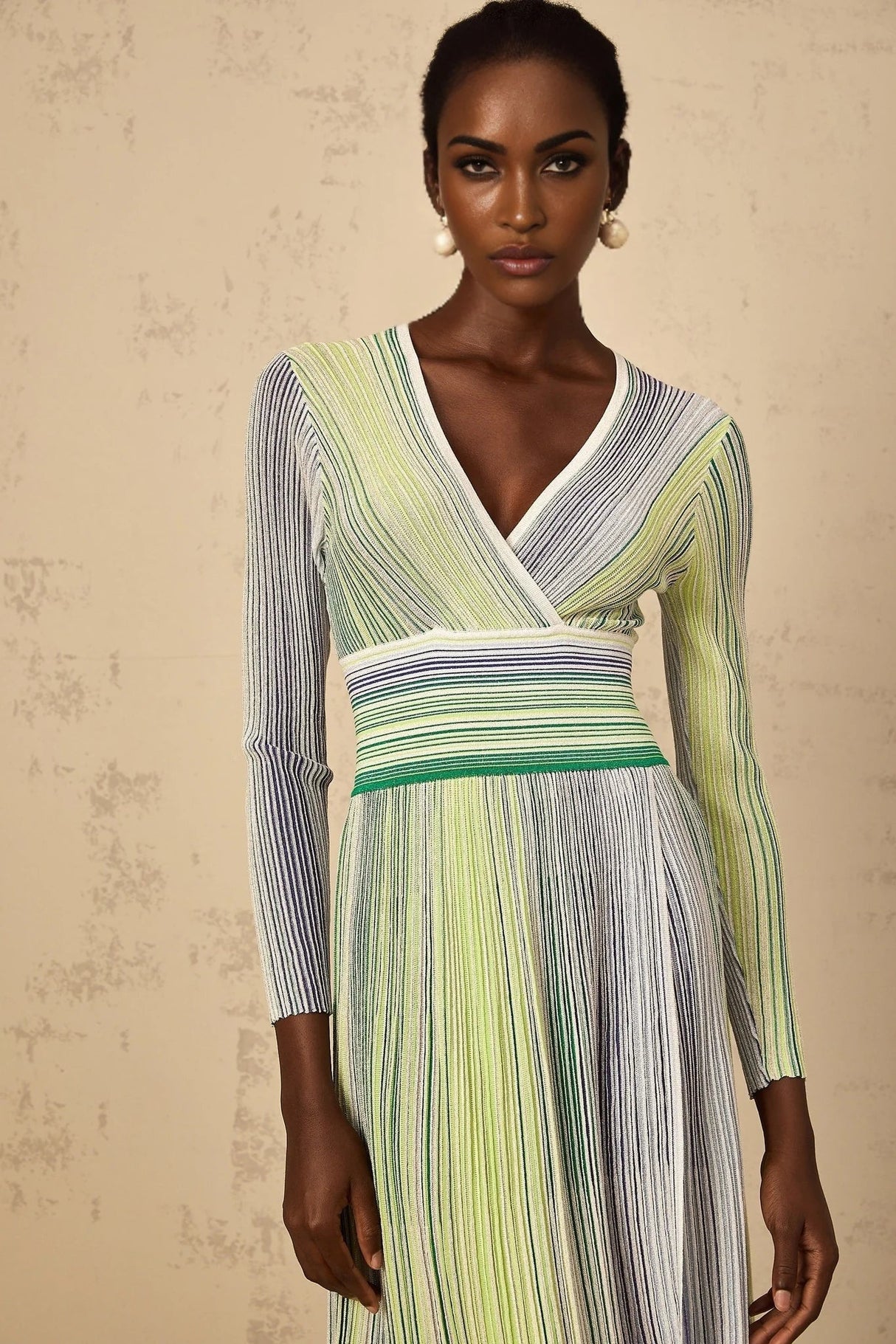 Tullia Maxi Dress Green Sequin Stripe Knit & Pleated