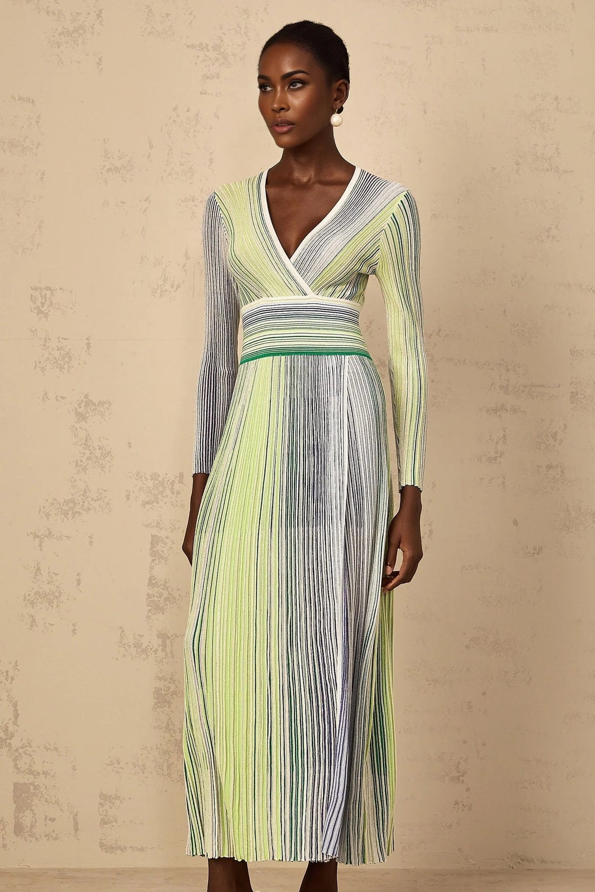 Tullia Maxi Dress Green Sequin Stripe Knit & Pleated