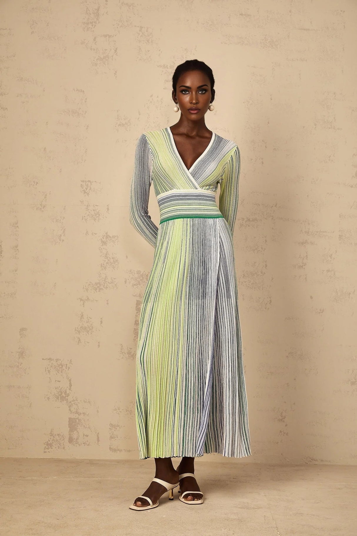 Tullia Maxi Dress Green Sequin Stripe Knit & Pleated