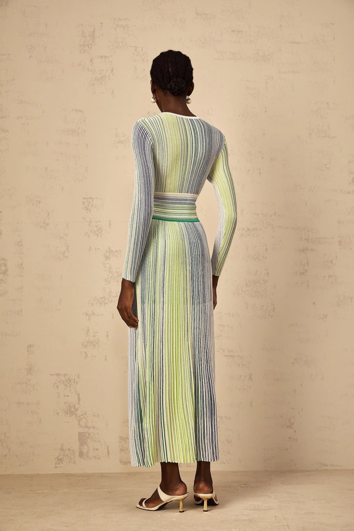 Tullia Maxi Dress Green Sequin Stripe Knit & Pleated