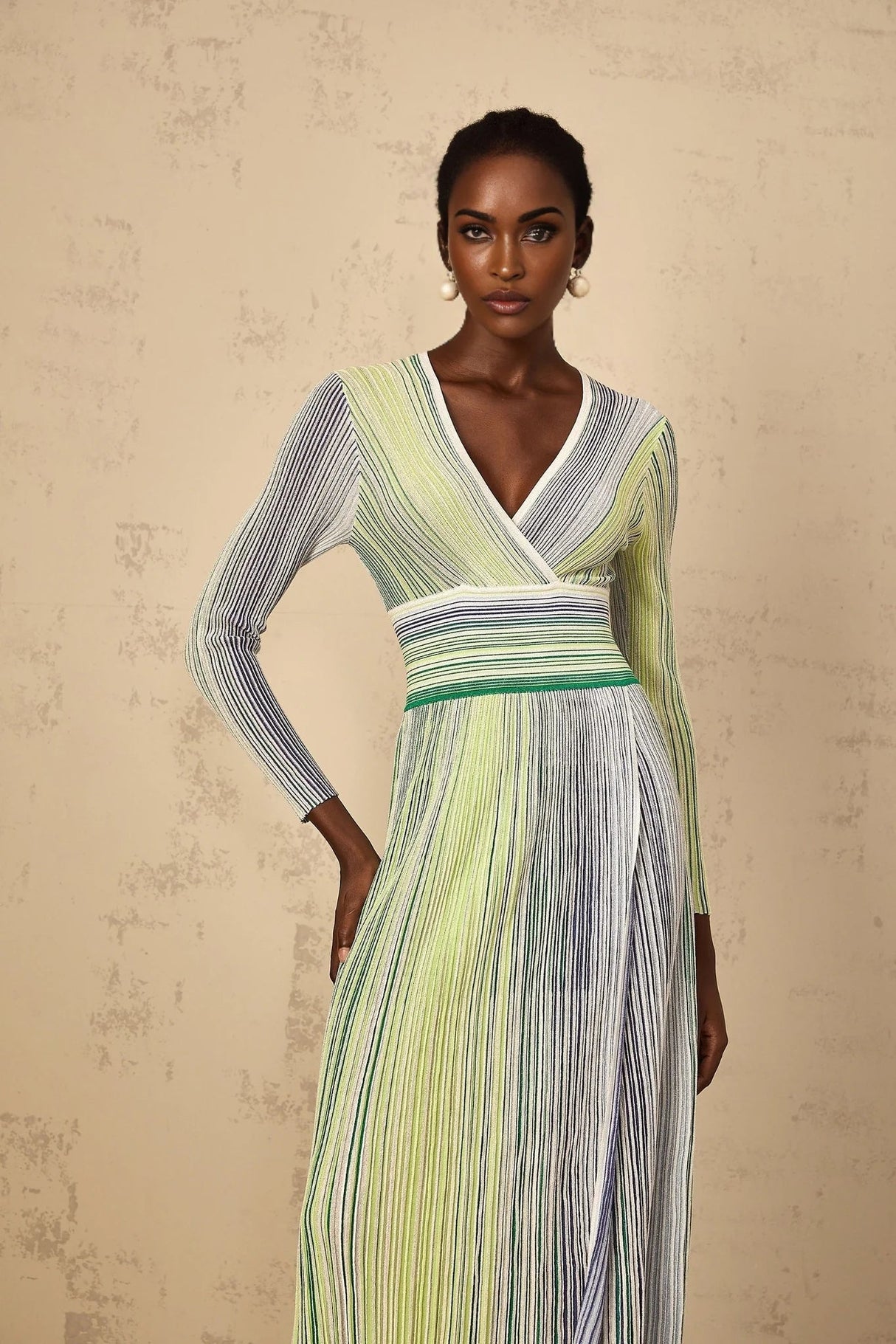 Tullia Maxi Dress Green Sequin Stripe Knit & Pleated