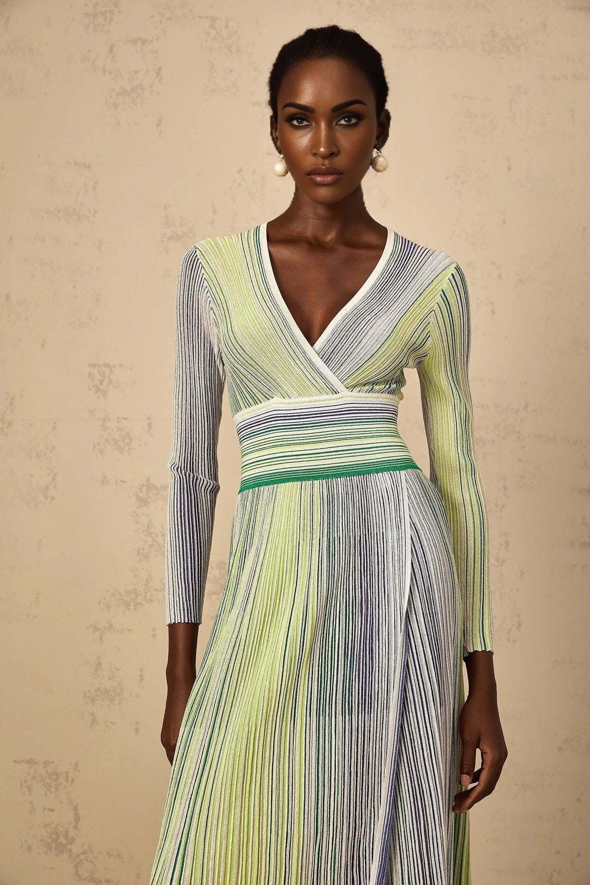 Tullia Maxi Dress Green Sequin Stripe Knit & Pleated