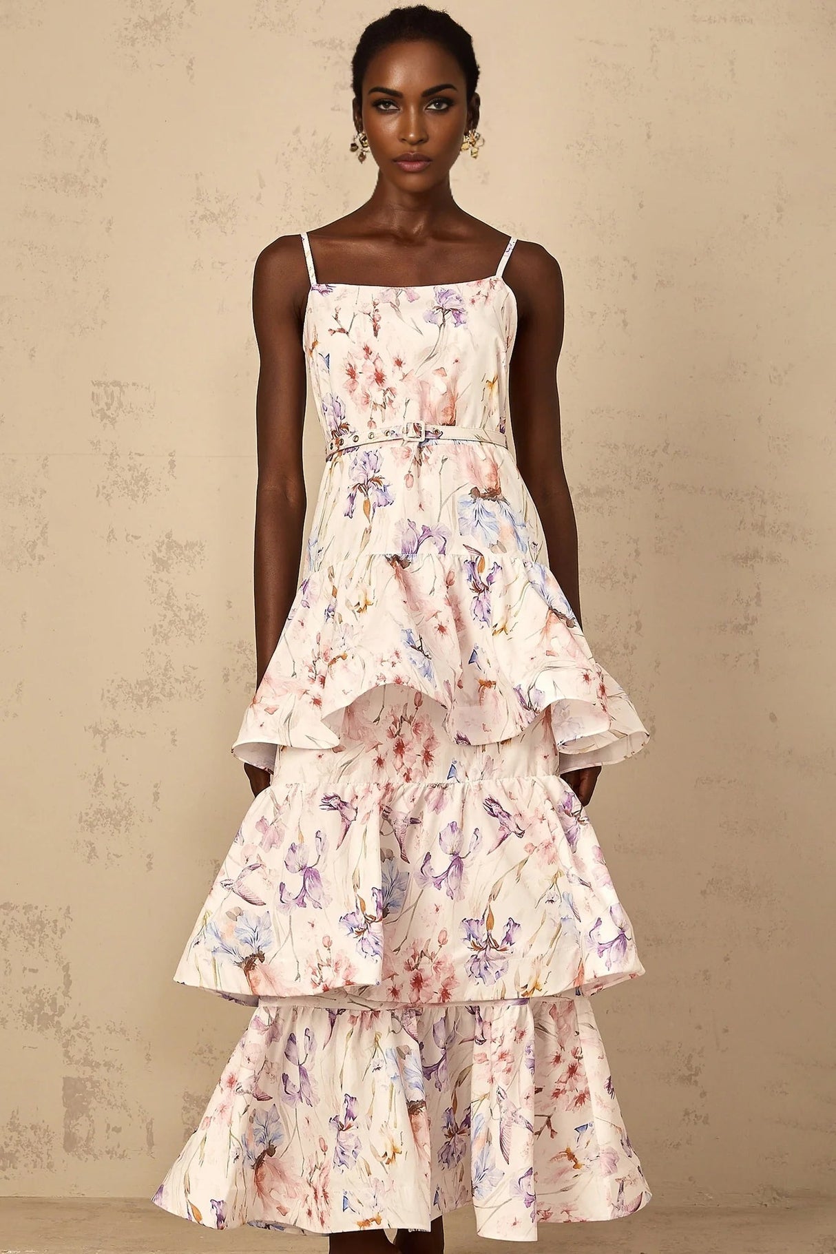 Tullia Maxi Dress White Floral Print Ruffled Tiered & Sleeveless