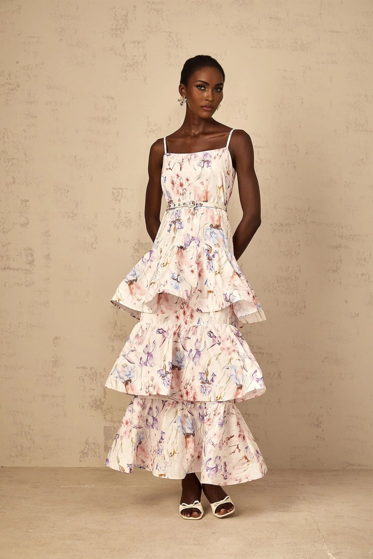 Tullia Maxi Dress White Floral Print Ruffled Tiered & Sleeveless