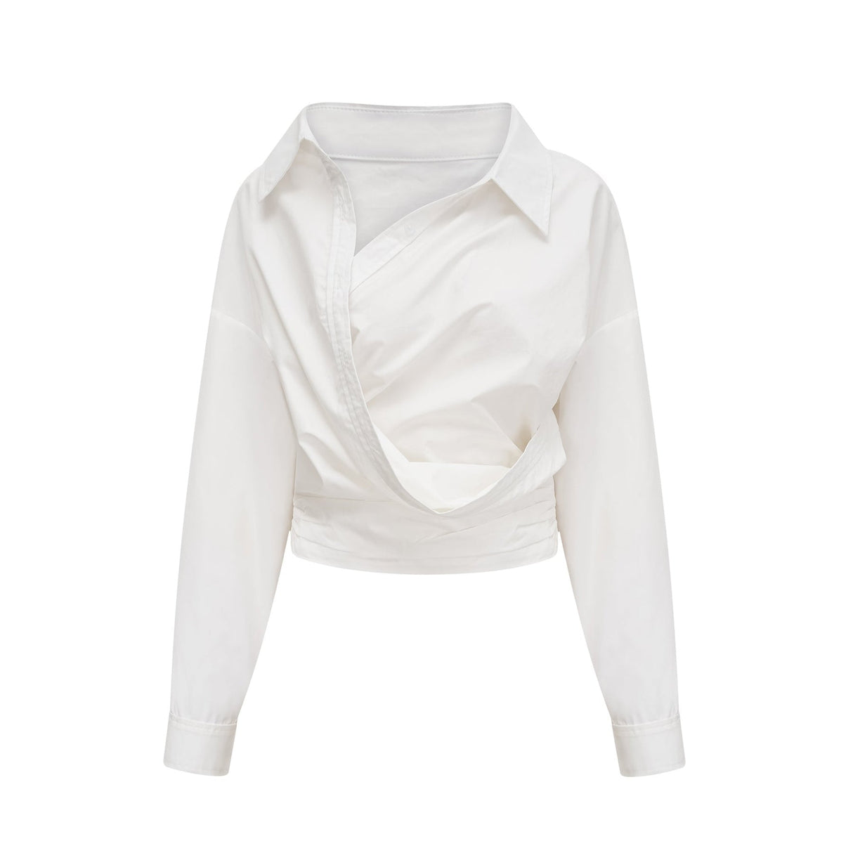 Tullia Shirt White Asymmetric Wrap Ruched Cropped & Long Sleeve