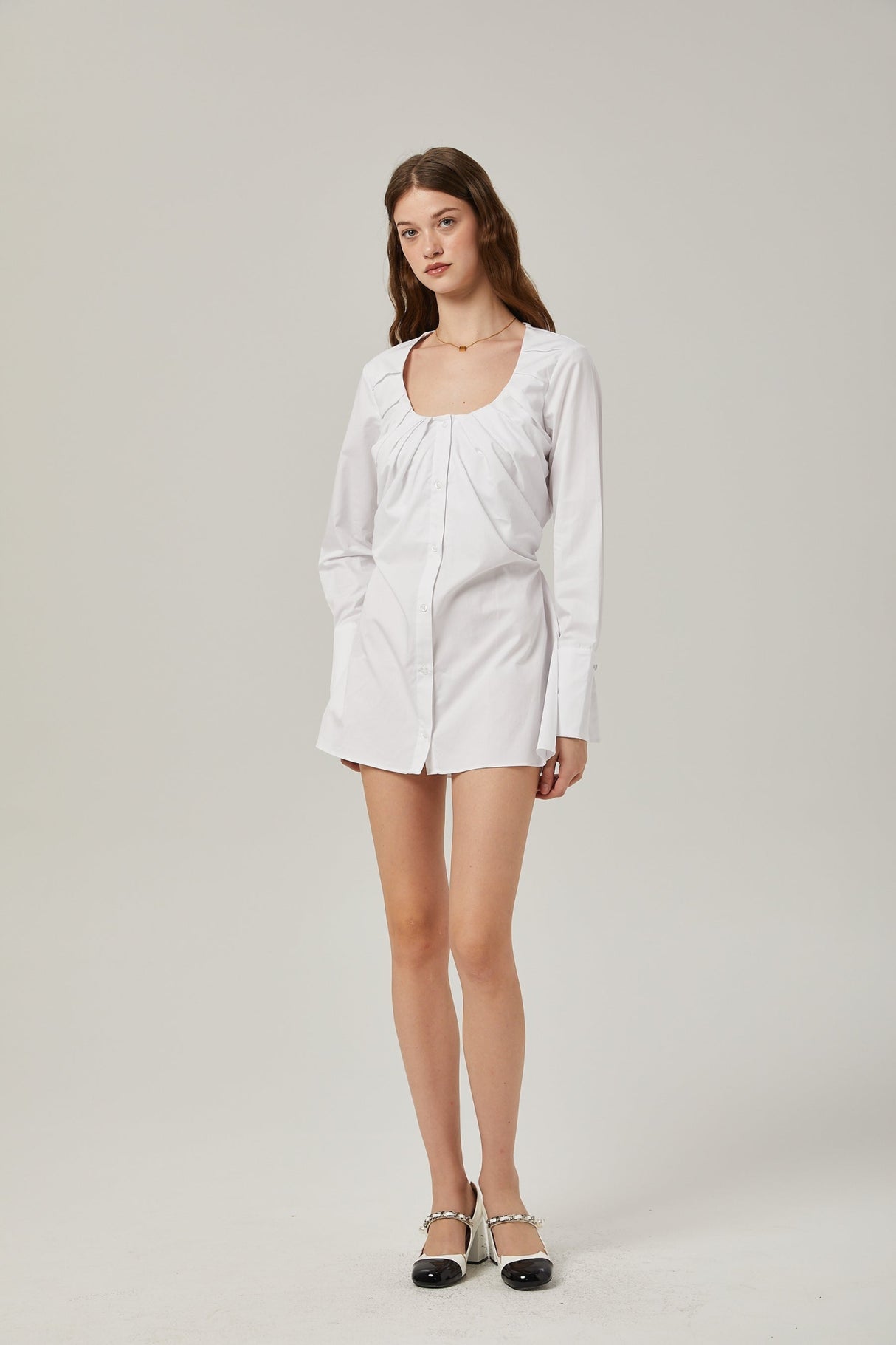 Tullia Shirt White Pleat Detail Thigh Length Self Tie