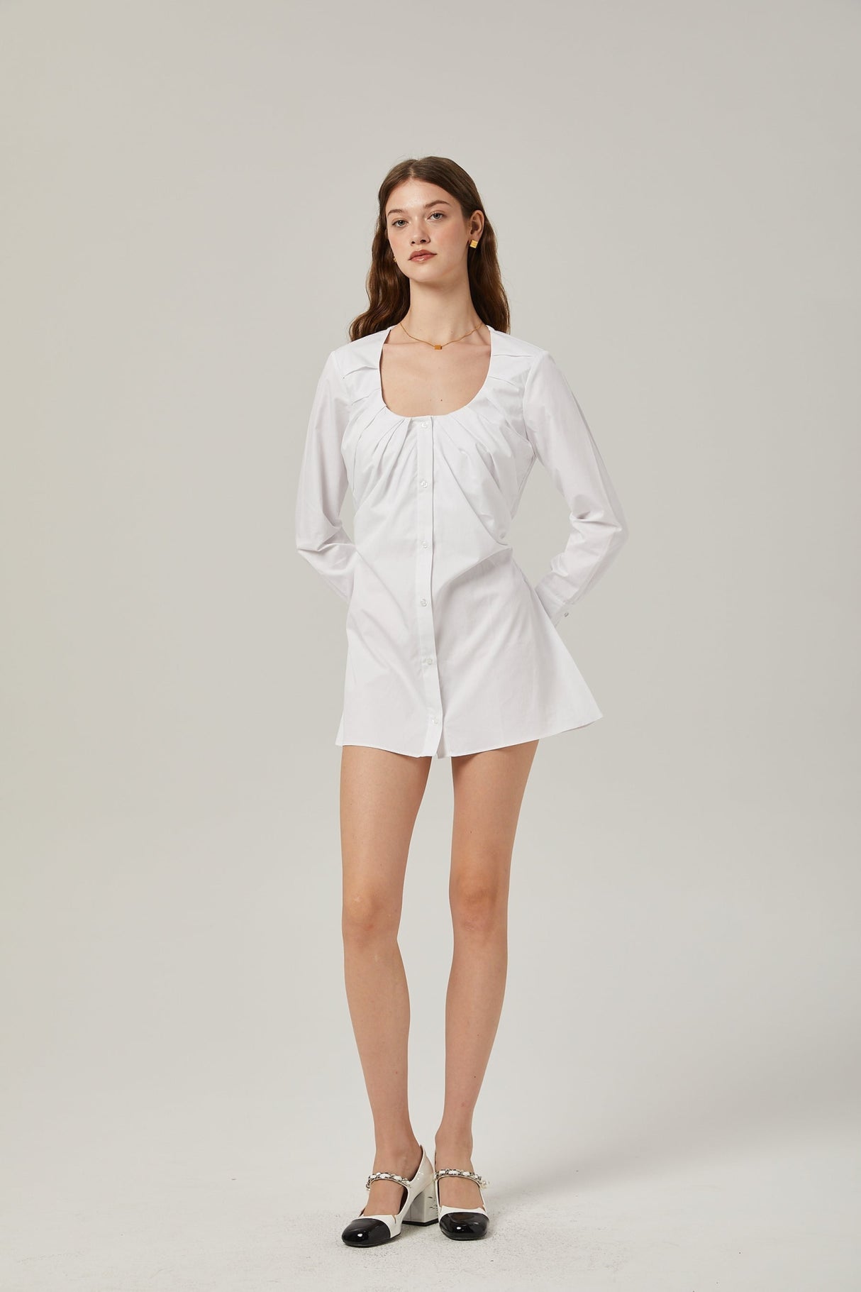 Tullia Shirt White Pleat Detail Thigh Length Self Tie