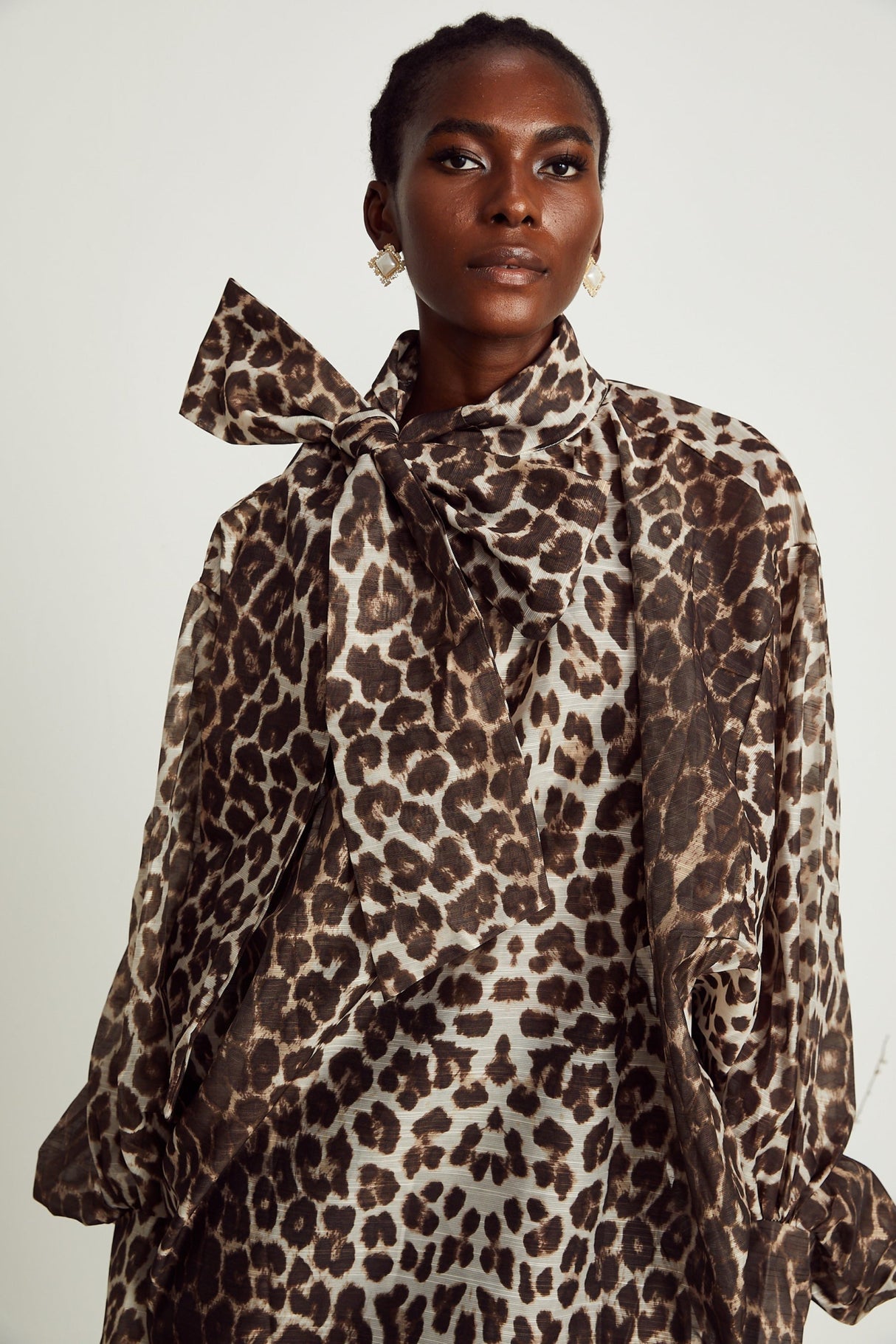 Ursula Blouse with Leopard Print Oversize Sleeves & Attached Scarf