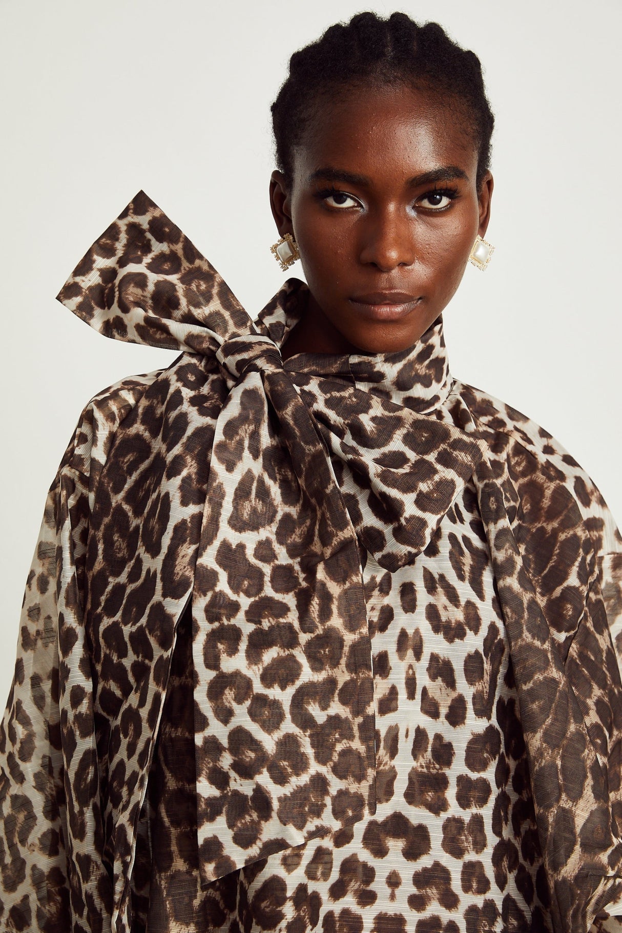 Ursula Blouse with Leopard Print Oversize Sleeves & Attached Scarf
