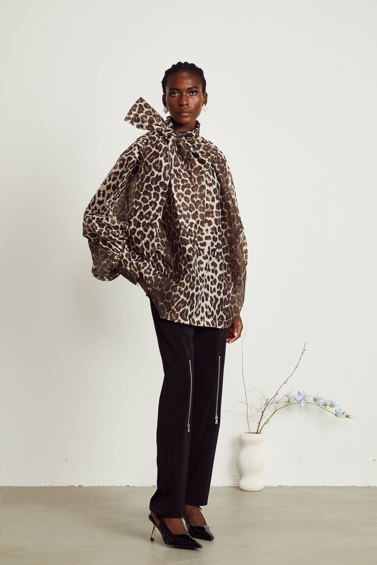 Ursula Blouse with Leopard Print Oversize Sleeves & Attached Scarf
