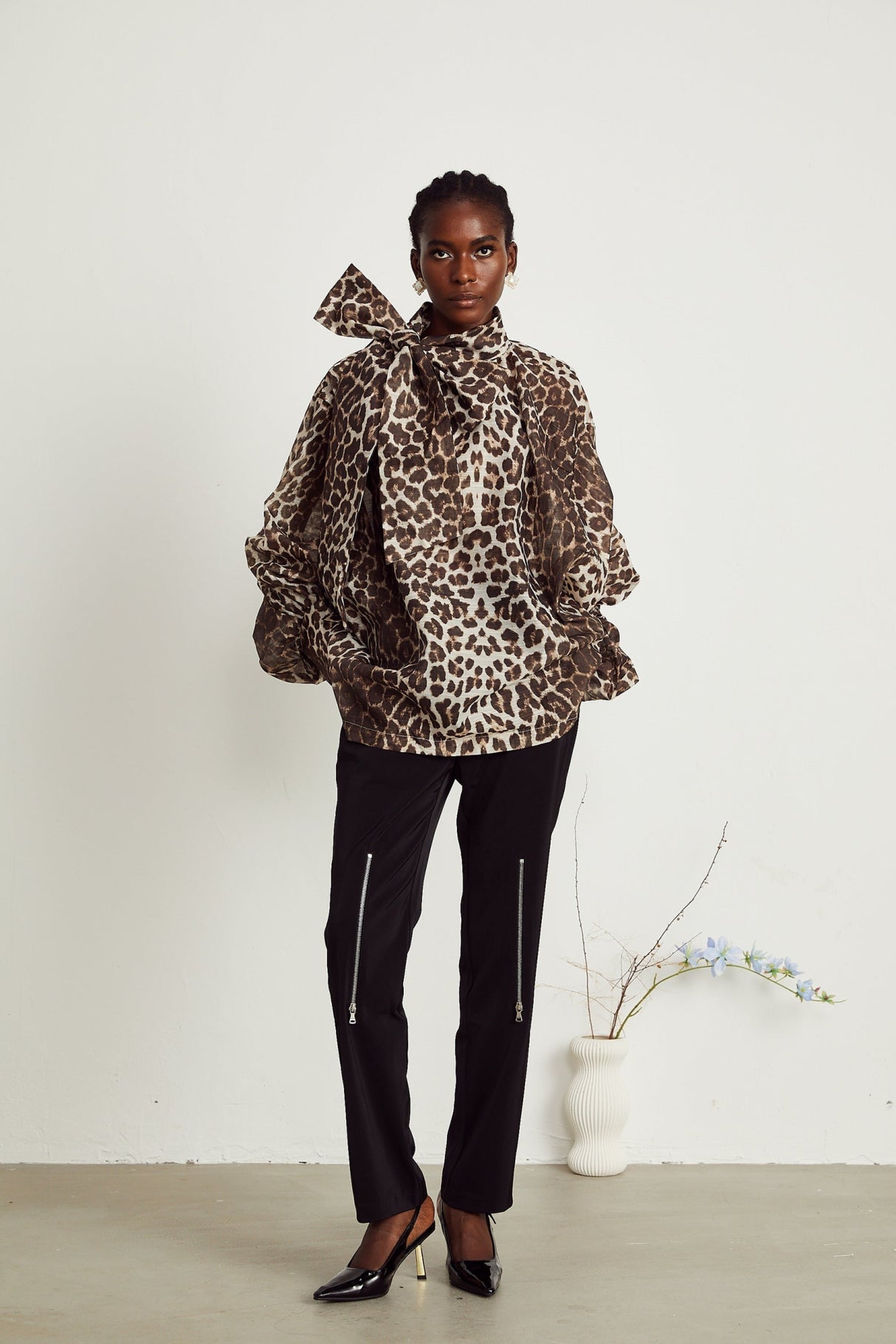 Ursula Blouse with Leopard Print Oversize Sleeves & Attached Scarf