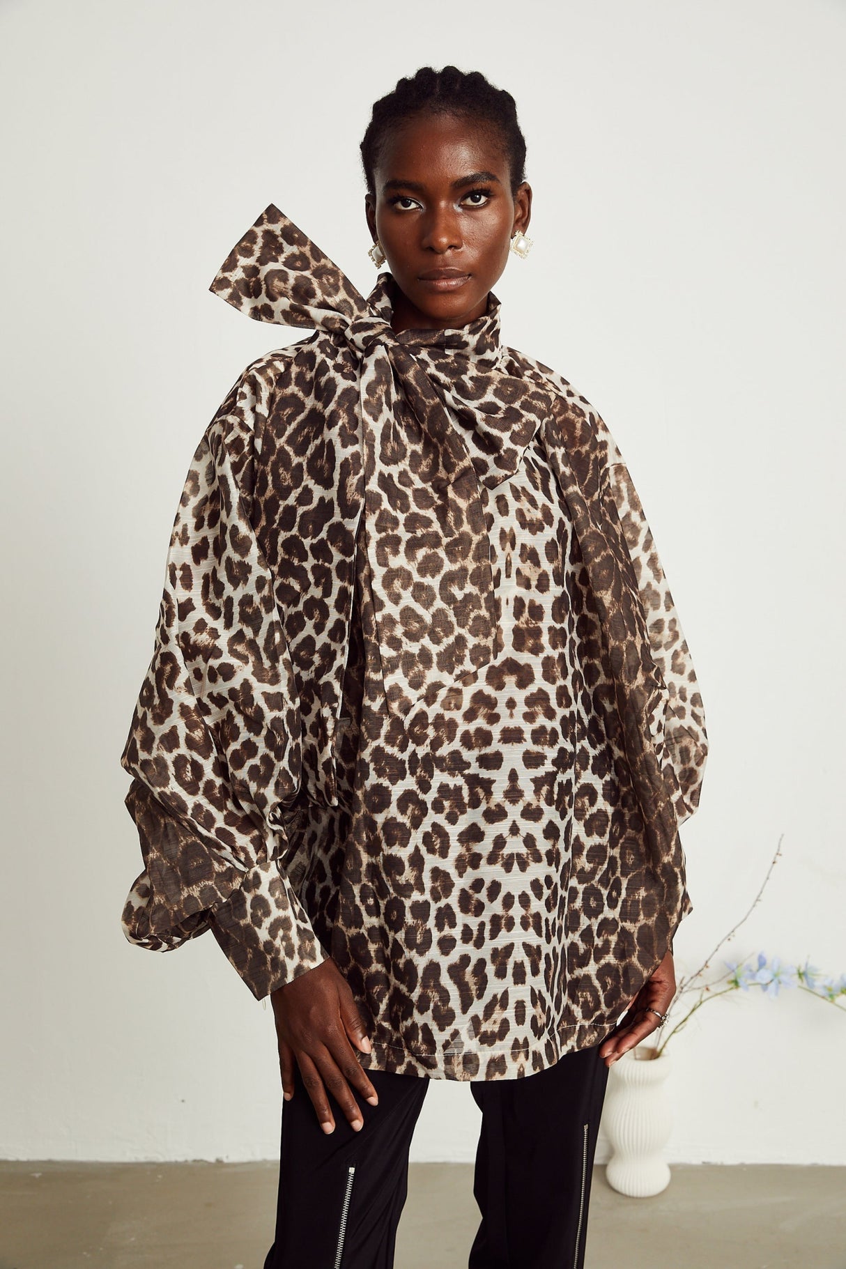 Ursula Blouse with Leopard Print Oversize Sleeves & Attached Scarf