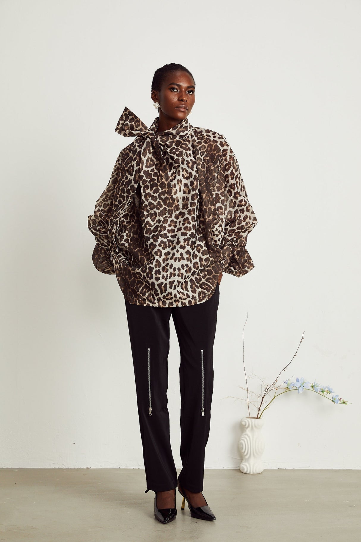 Ursula Blouse with Leopard Print Oversize Sleeves & Attached Scarf