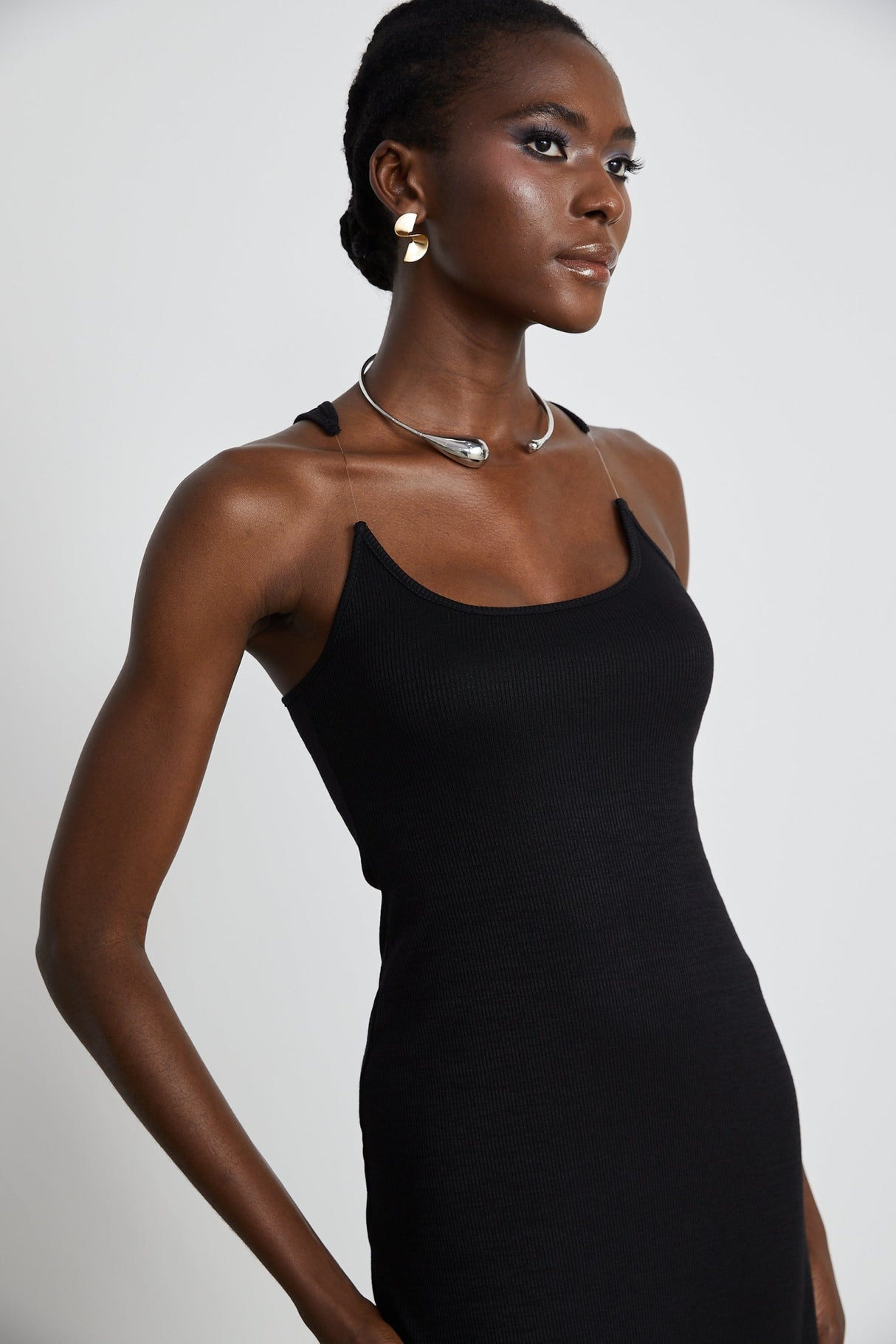 Ursula Maxi Dress in Confident Black with Transparent Straps & Low - Cut Design