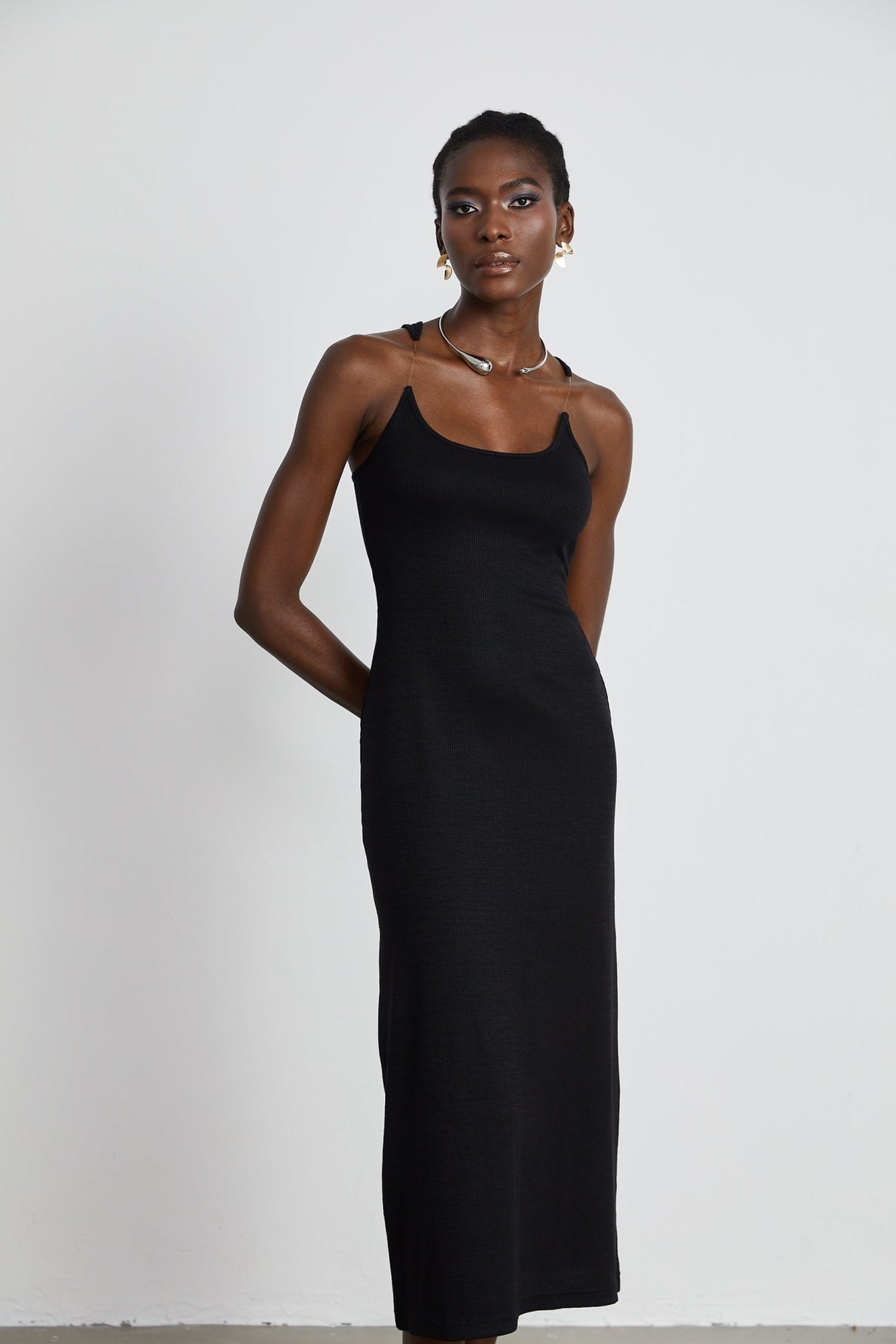 Ursula Maxi Dress in Confident Black with Transparent Straps & Low - Cut Design