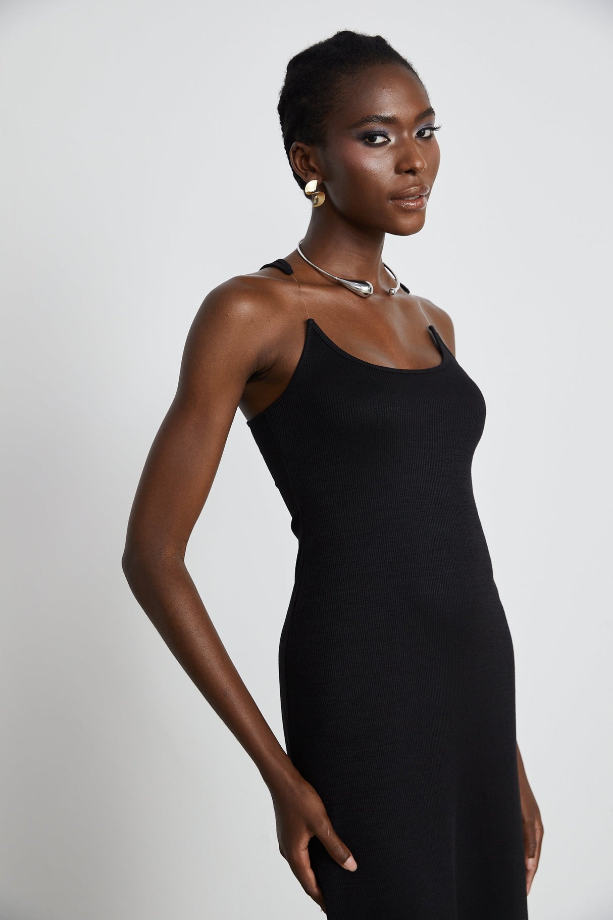 Ursula Maxi Dress in Confident Black with Transparent Straps & Low - Cut Design