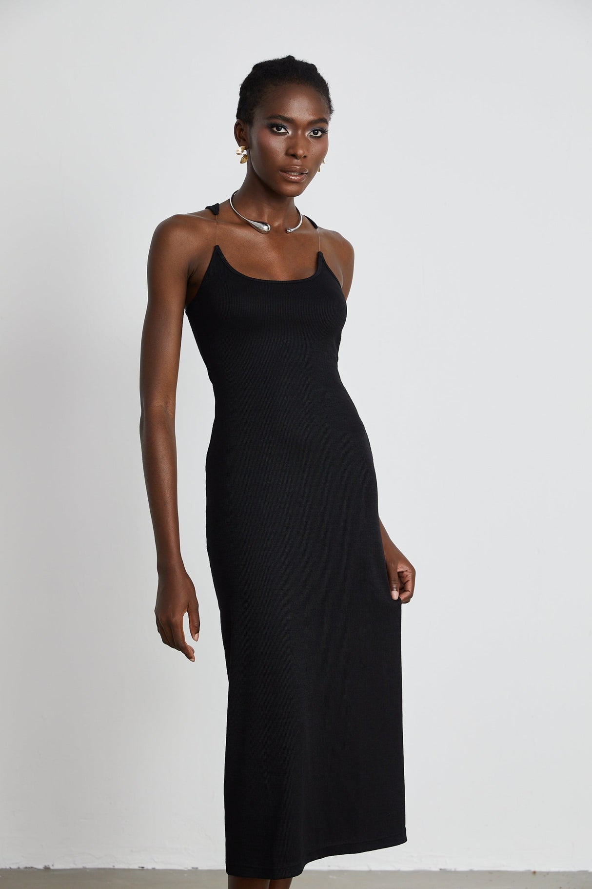 Ursula Maxi Dress in Confident Black with Transparent Straps & Low - Cut Design
