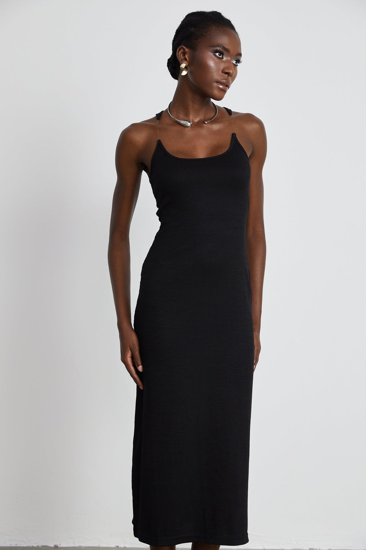 Ursula Maxi Dress in Confident Black with Transparent Straps & Low - Cut Design