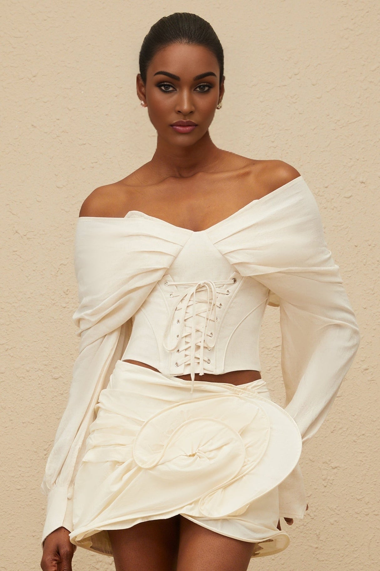 Vada Crop Top - Off - Shoulder - Boned - Lace - Up - Long Sleeve