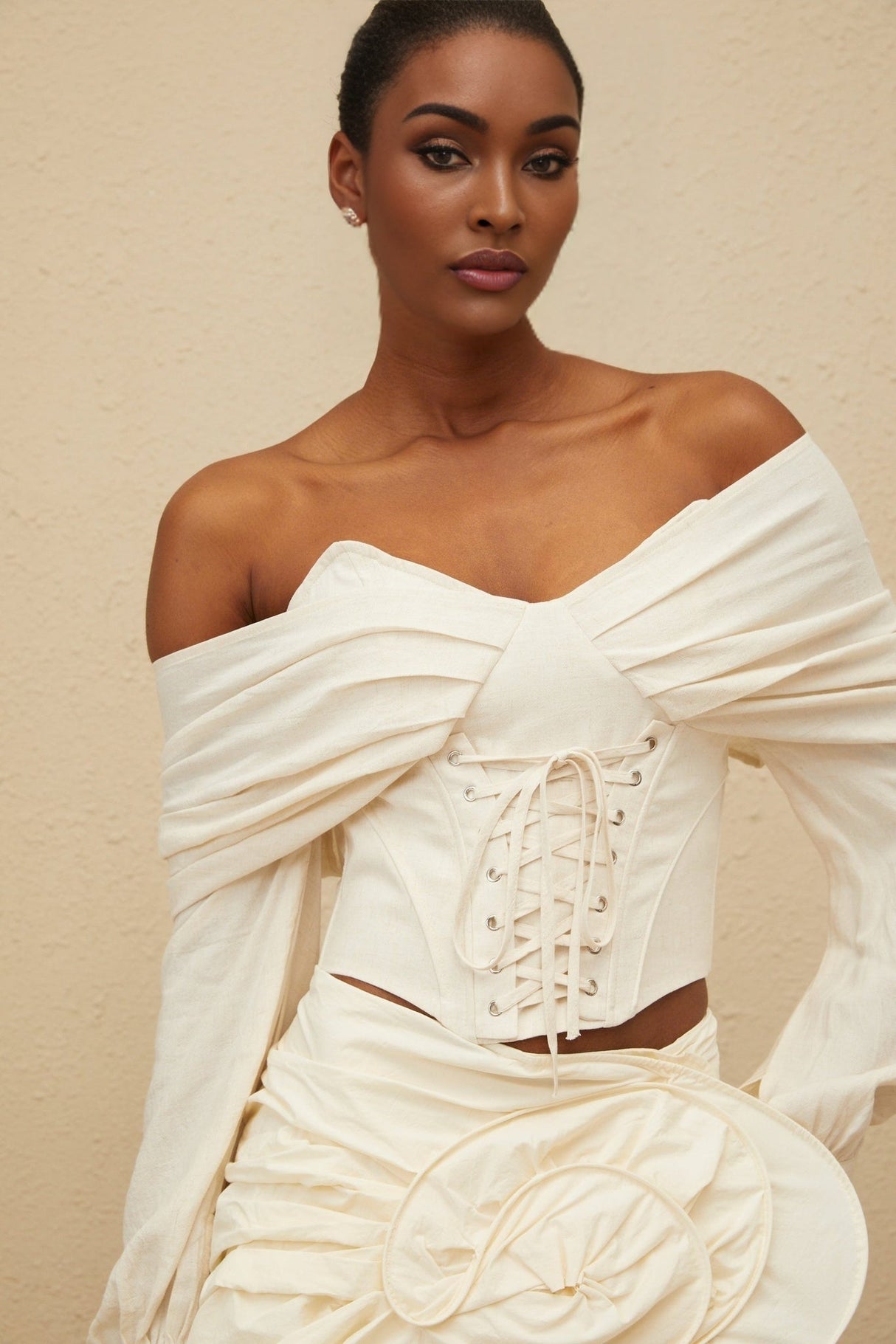 Vada Crop Top - Off - Shoulder - Boned - Lace - Up - Long Sleeve